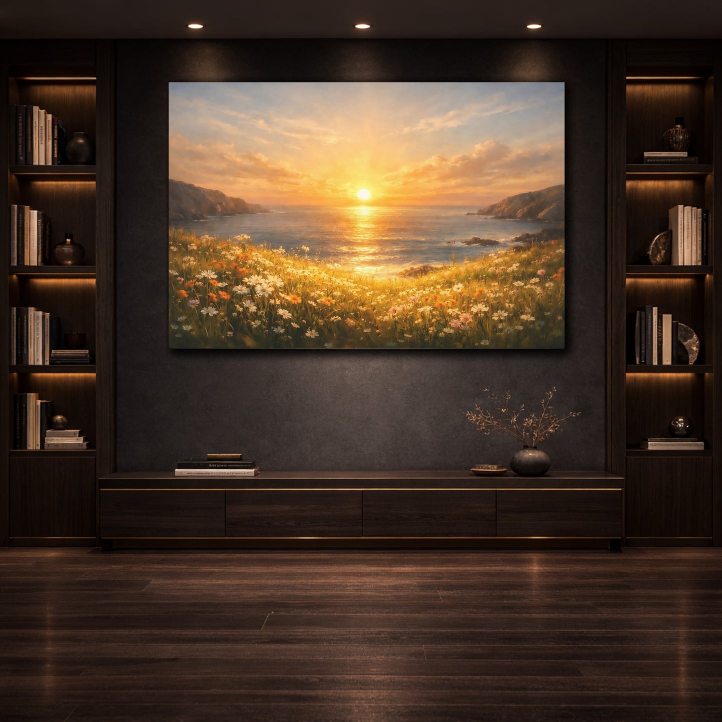 Mockup 2. Golden Glow Ocean Meadow shown as stretched canvas wall art