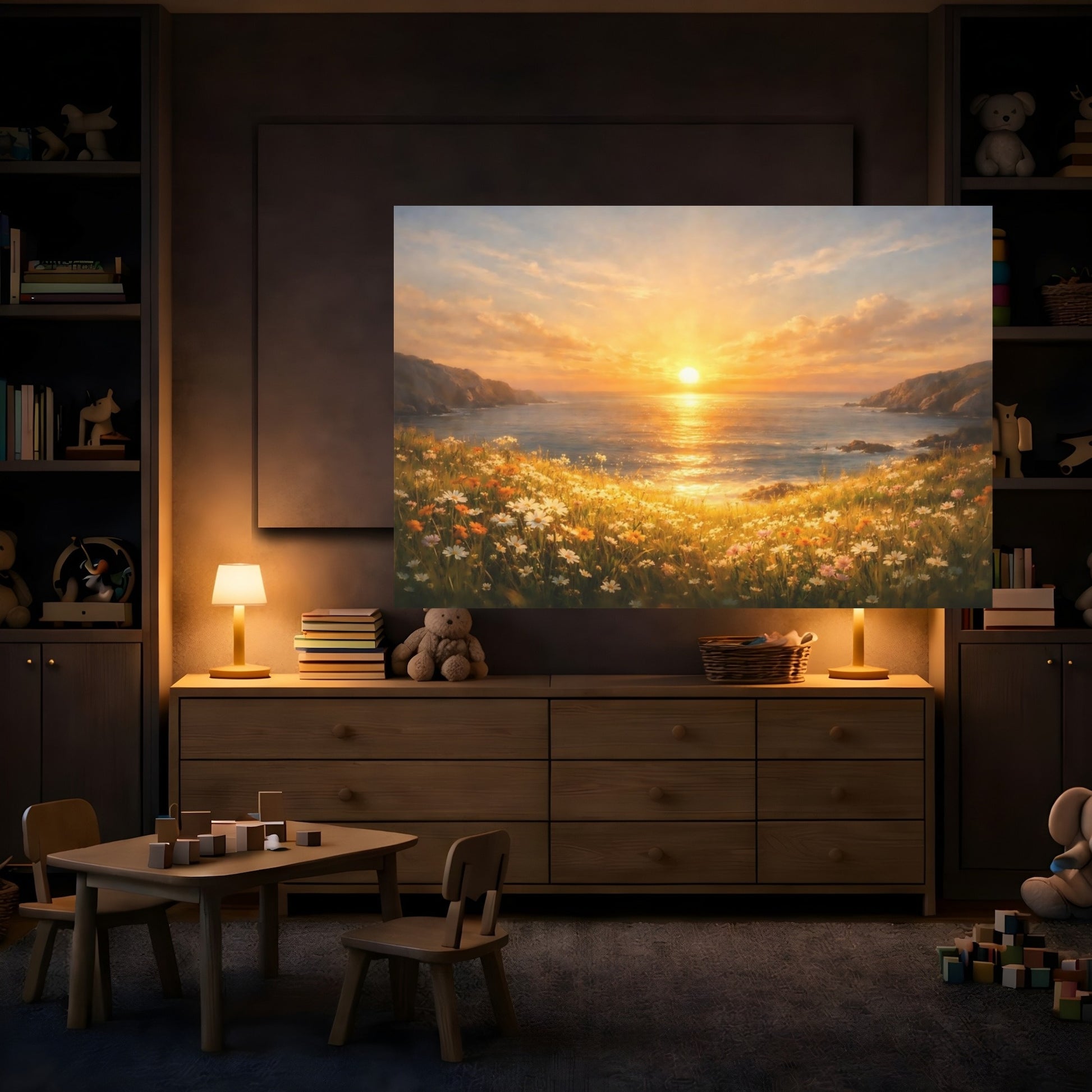 Mockup 3. Golden Glow Ocean Meadow shown as stretched canvas wall art