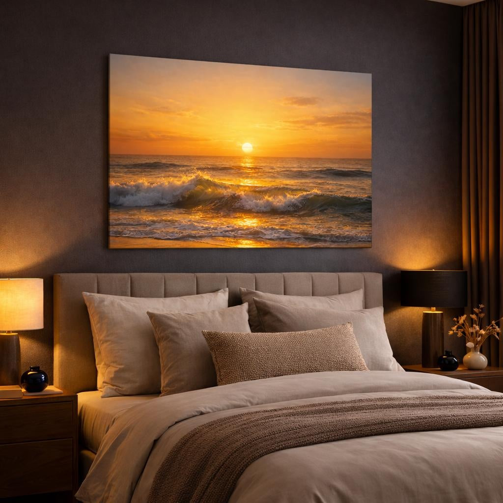 Golden Glow Ocean Waves shown as canvas wall art in a luxury bedroom