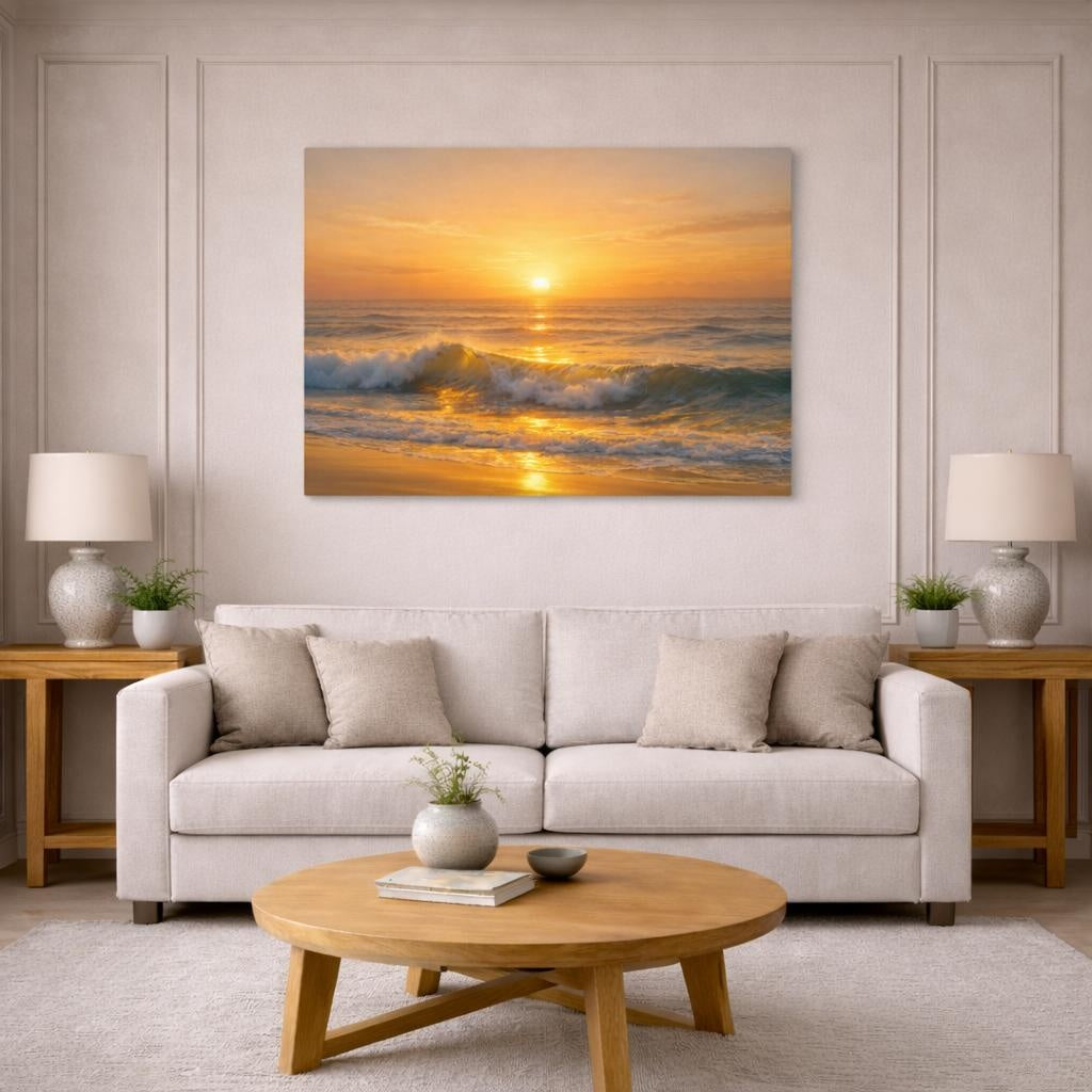 Golden Glow Ocean Waves shown as canvas wall art in a modern living room