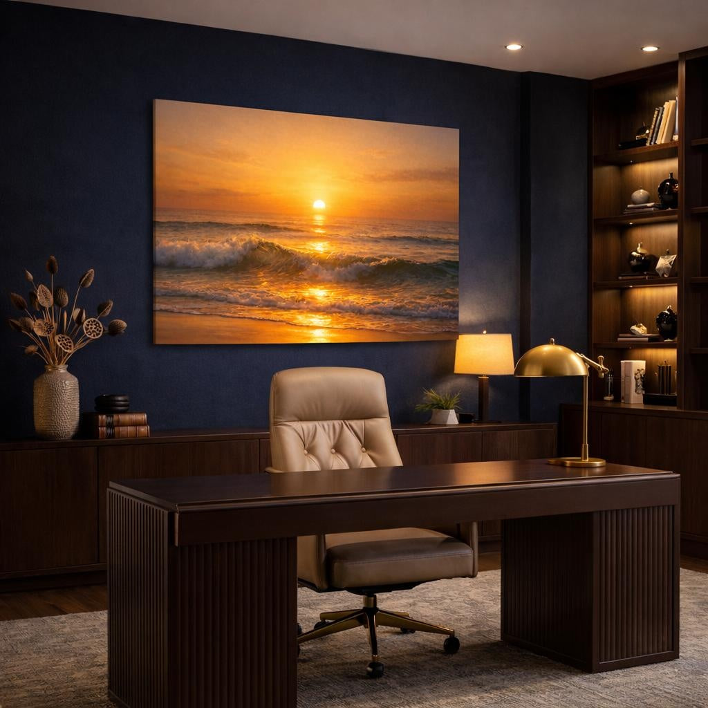 Golden Glow Ocean Waves shown as canvas wall art in a refined dining room