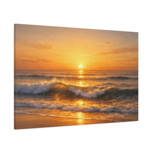 Golden Glow Ocean Waves shown as stretched canvas wall art