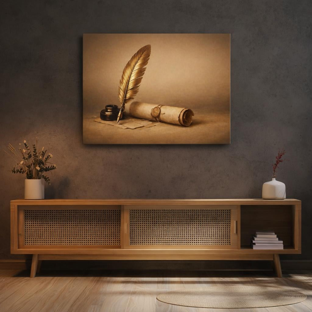Golden Glow Quill And Scroll shown as canvas wall art in a refined dining room