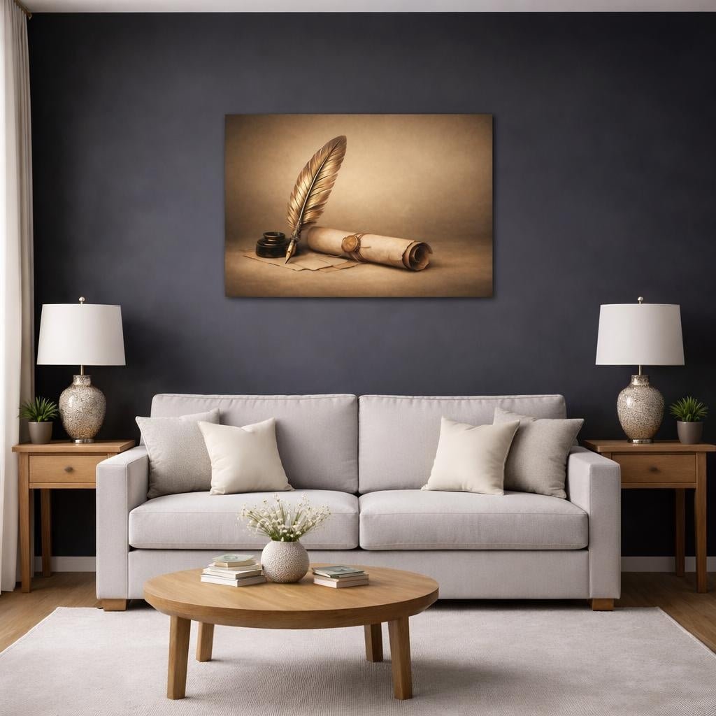Golden Glow Quill And Scroll Vintage - Canvas Wall Art Print - YesArtYes