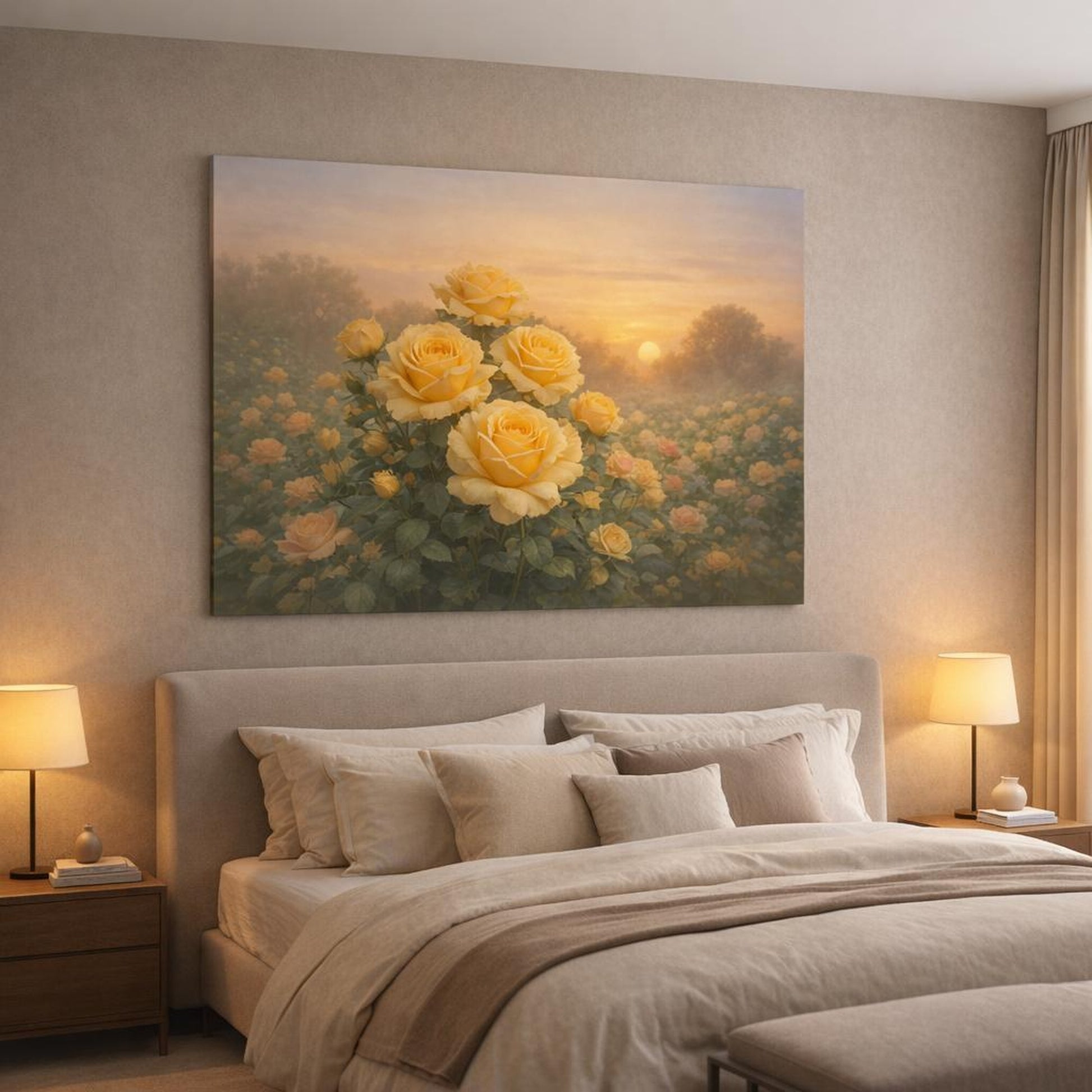 Golden Glow Rose Garden shown as canvas wall art in a luxury bedroom