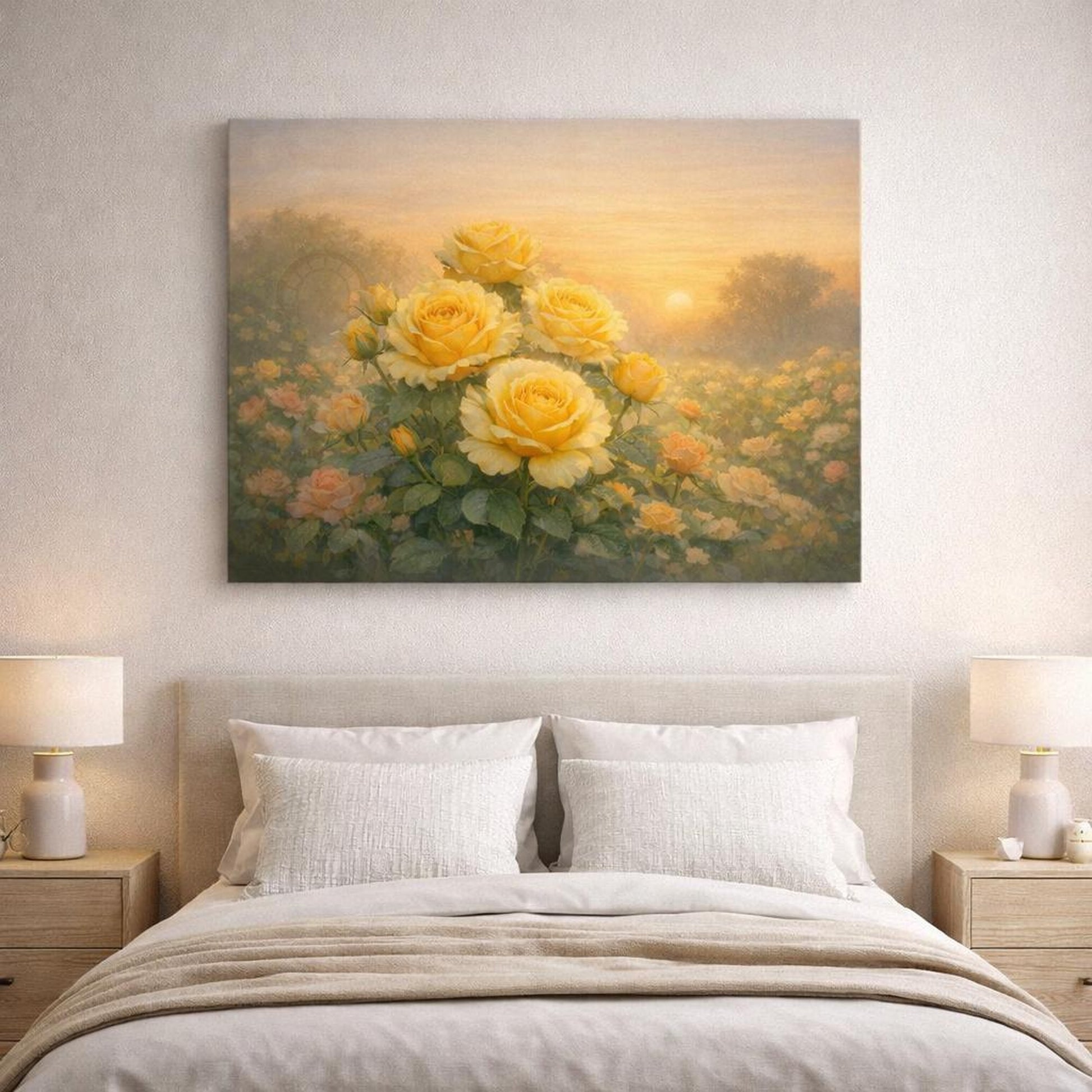 Golden Glow Rose Garden shown as canvas wall art in a refined dining room