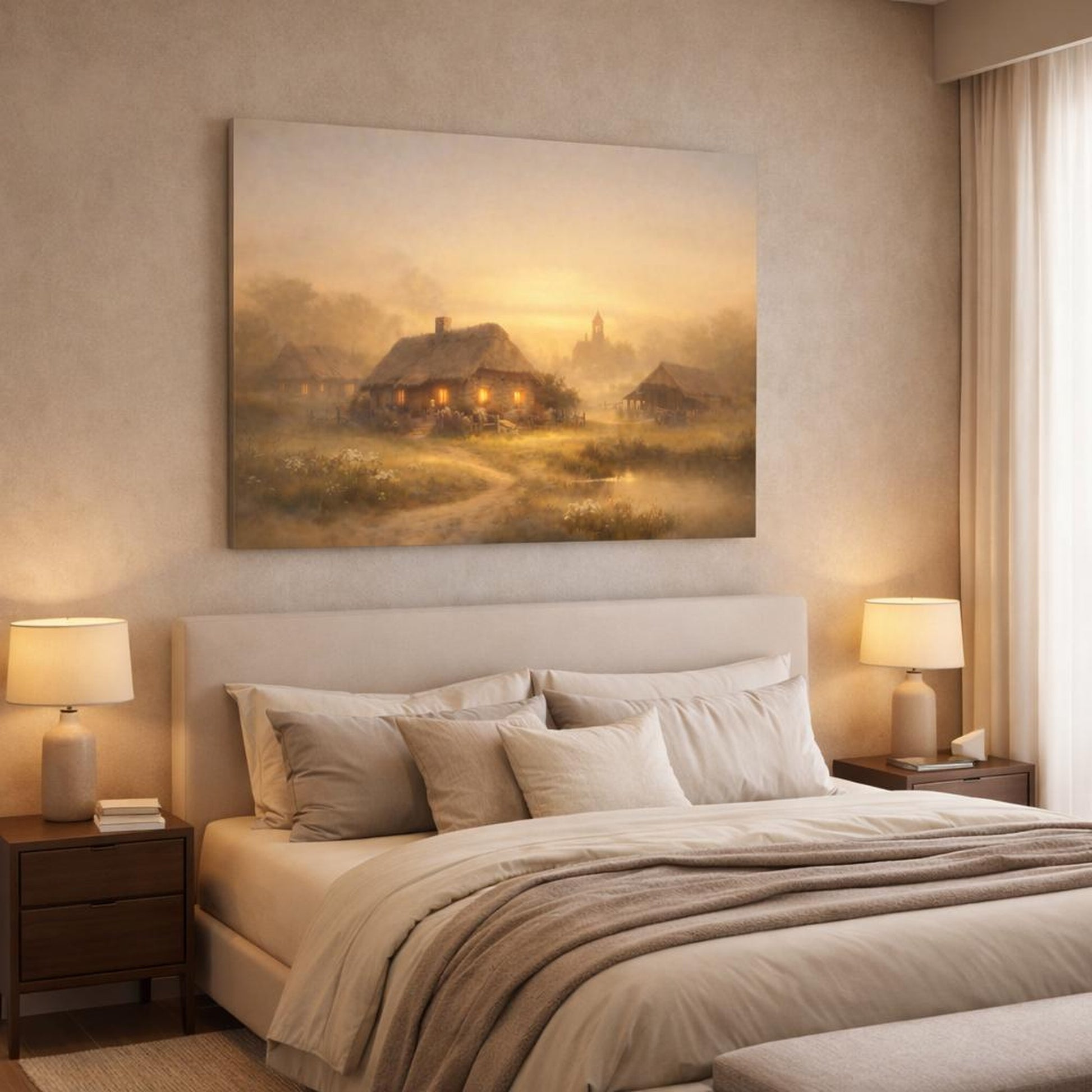 Golden Glow Rustic Village shown as canvas wall art in a luxury bedroom