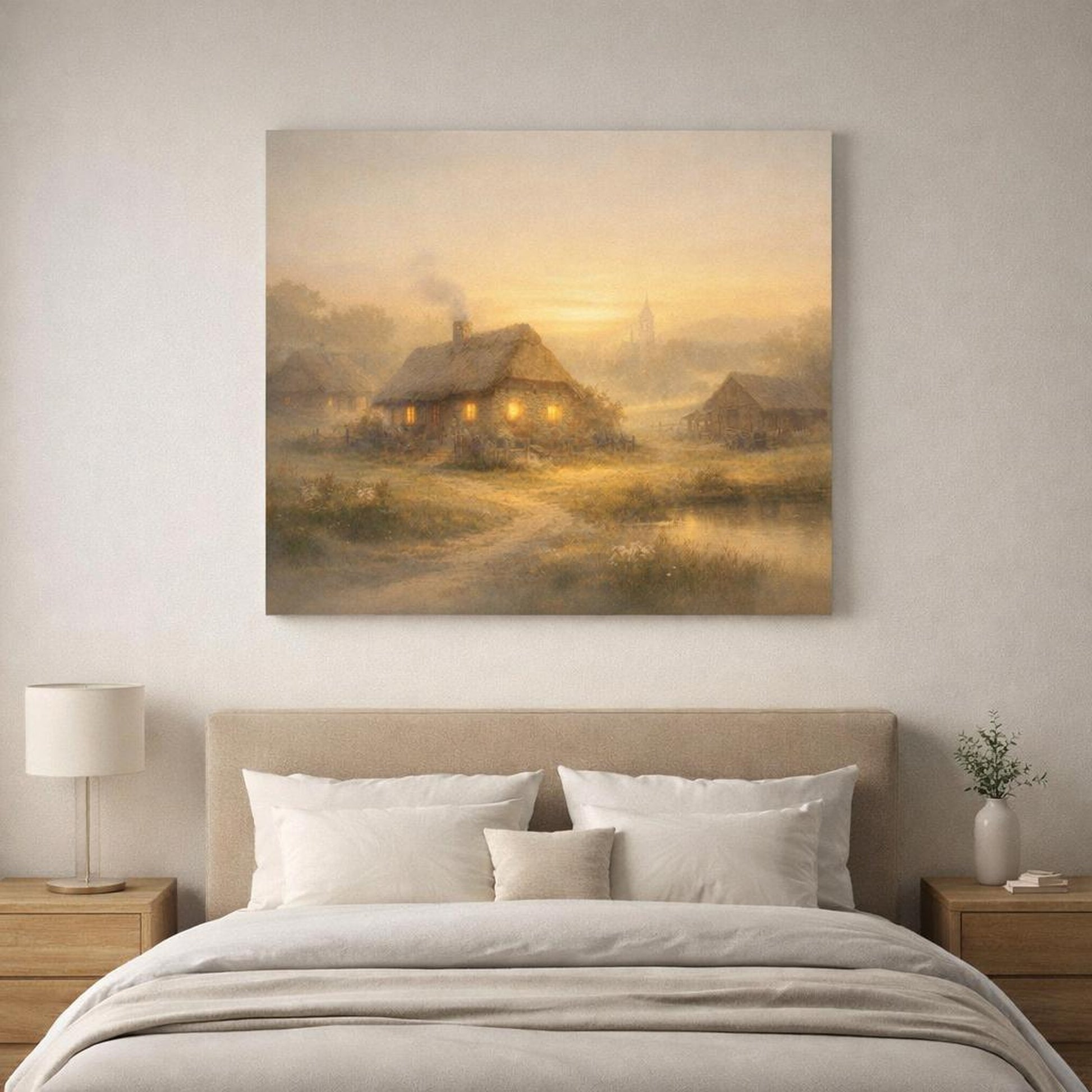Golden Glow Rustic Village shown as canvas wall art in a luxury executive office