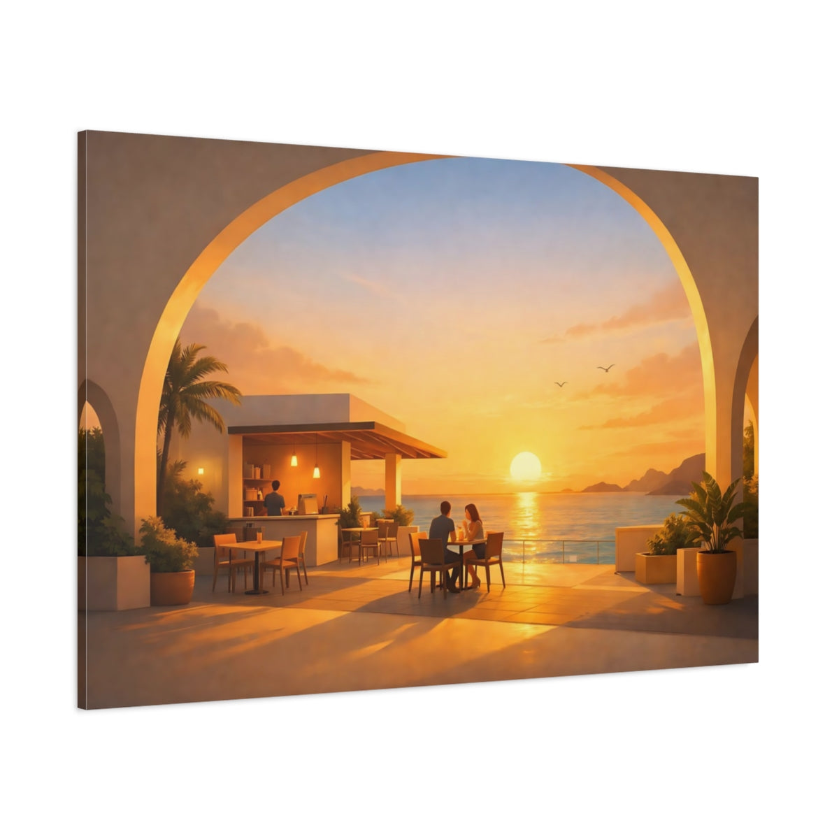 Main Mockup. Golden Glow Seaside Cafe Arch shown as stretched canvas wall art
