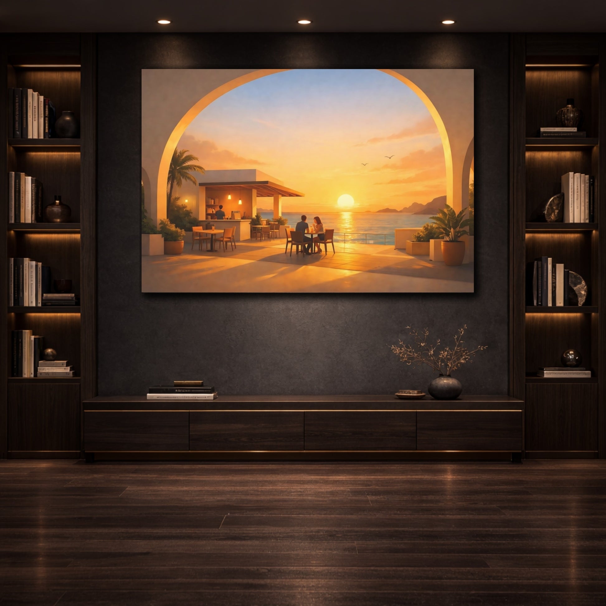 Mockup 2. Golden Glow Seaside Cafe Arch shown as stretched canvas wall art