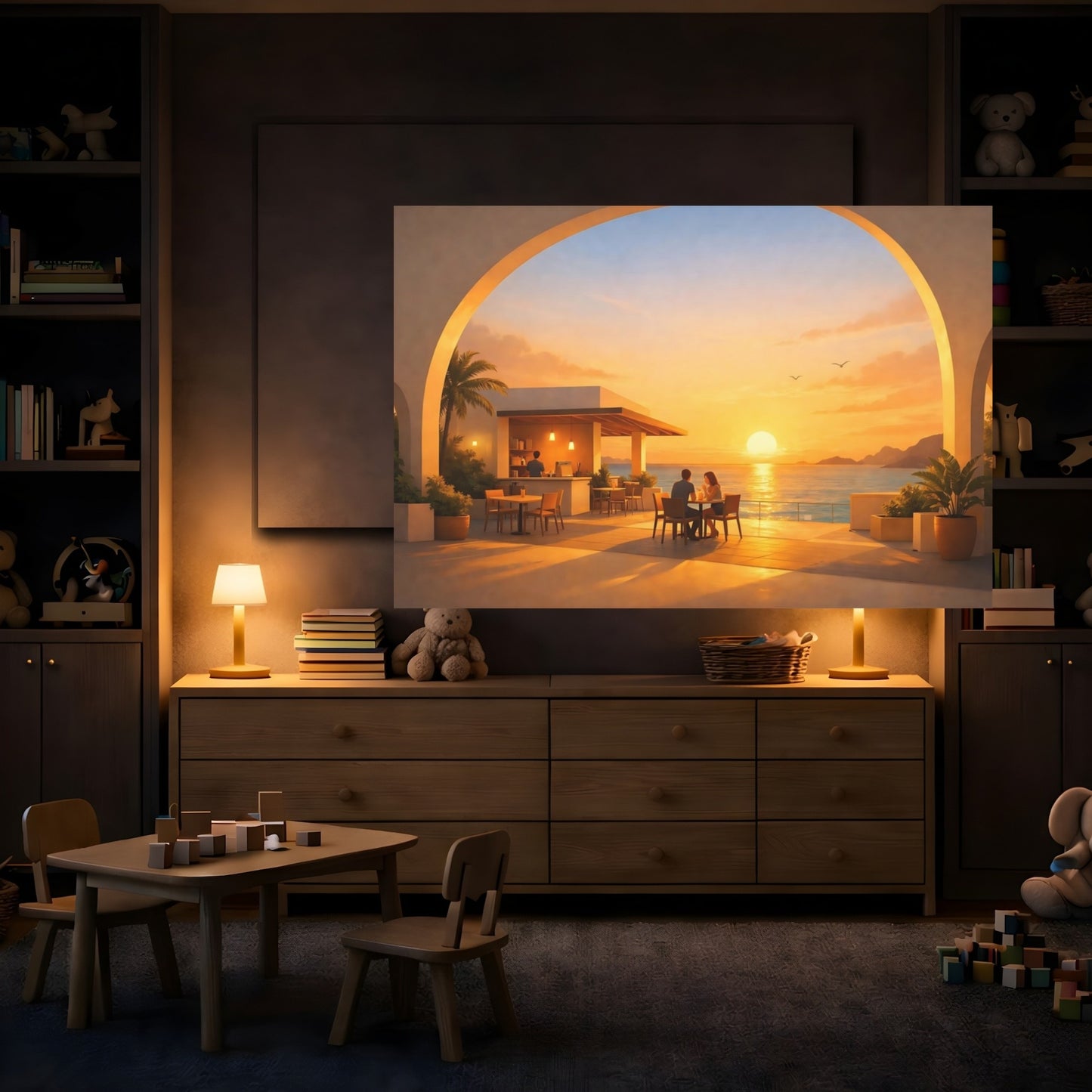 Mockup 3. Golden Glow Seaside Cafe Arch shown as stretched canvas wall art