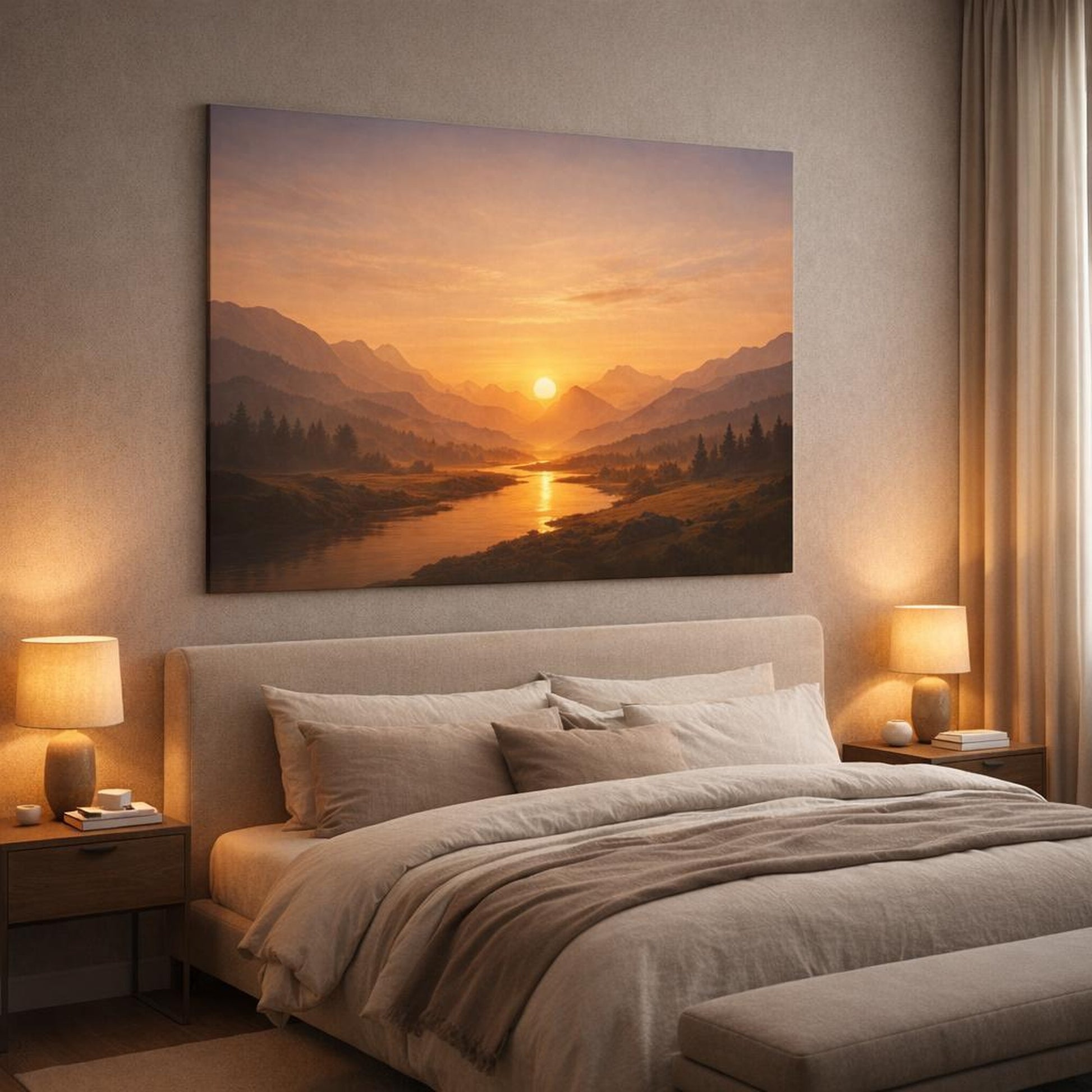 Golden Glow Sky Valley shown as canvas wall art in a luxury bedroom