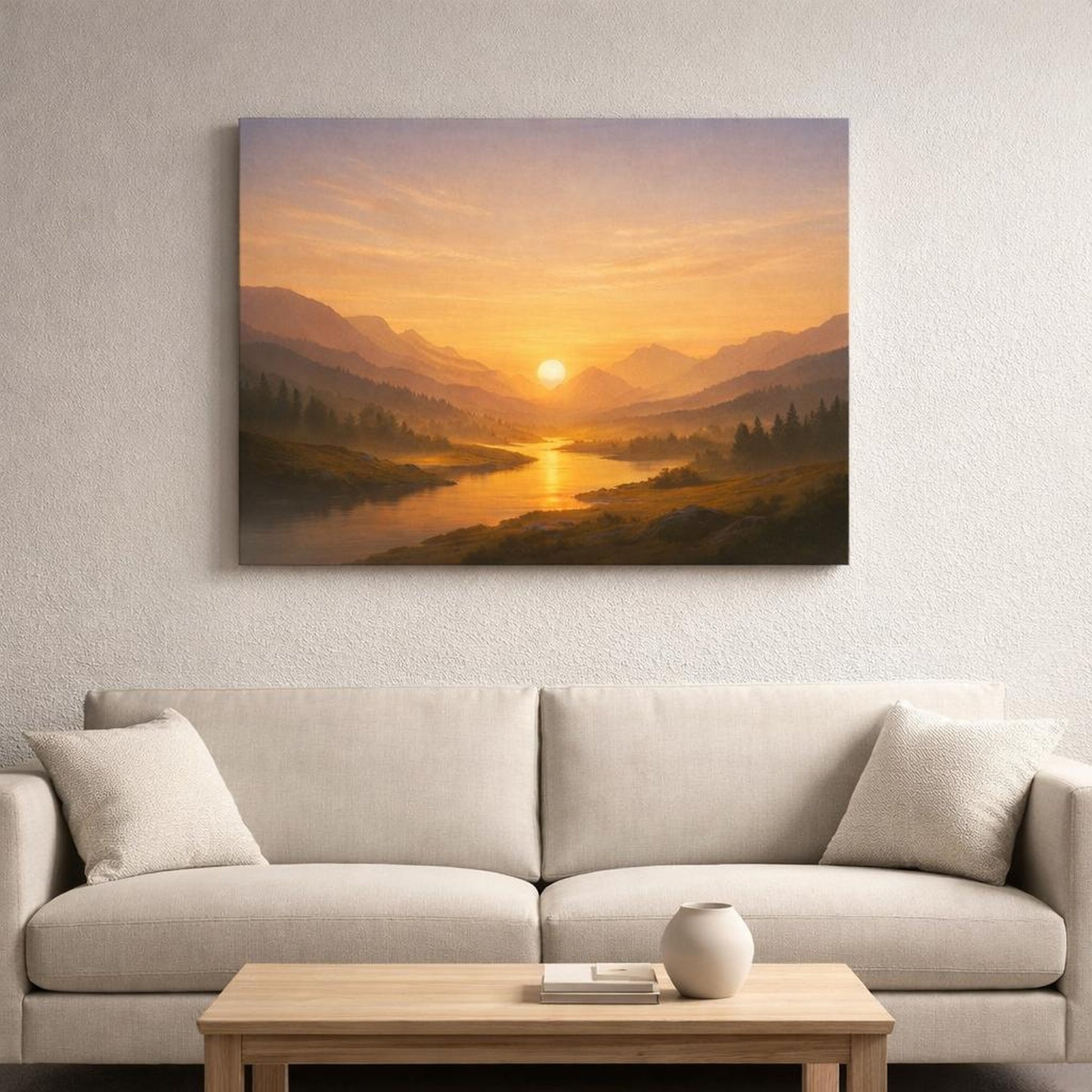 Golden Glow Sky Valley shown as canvas wall art in a refined dining room