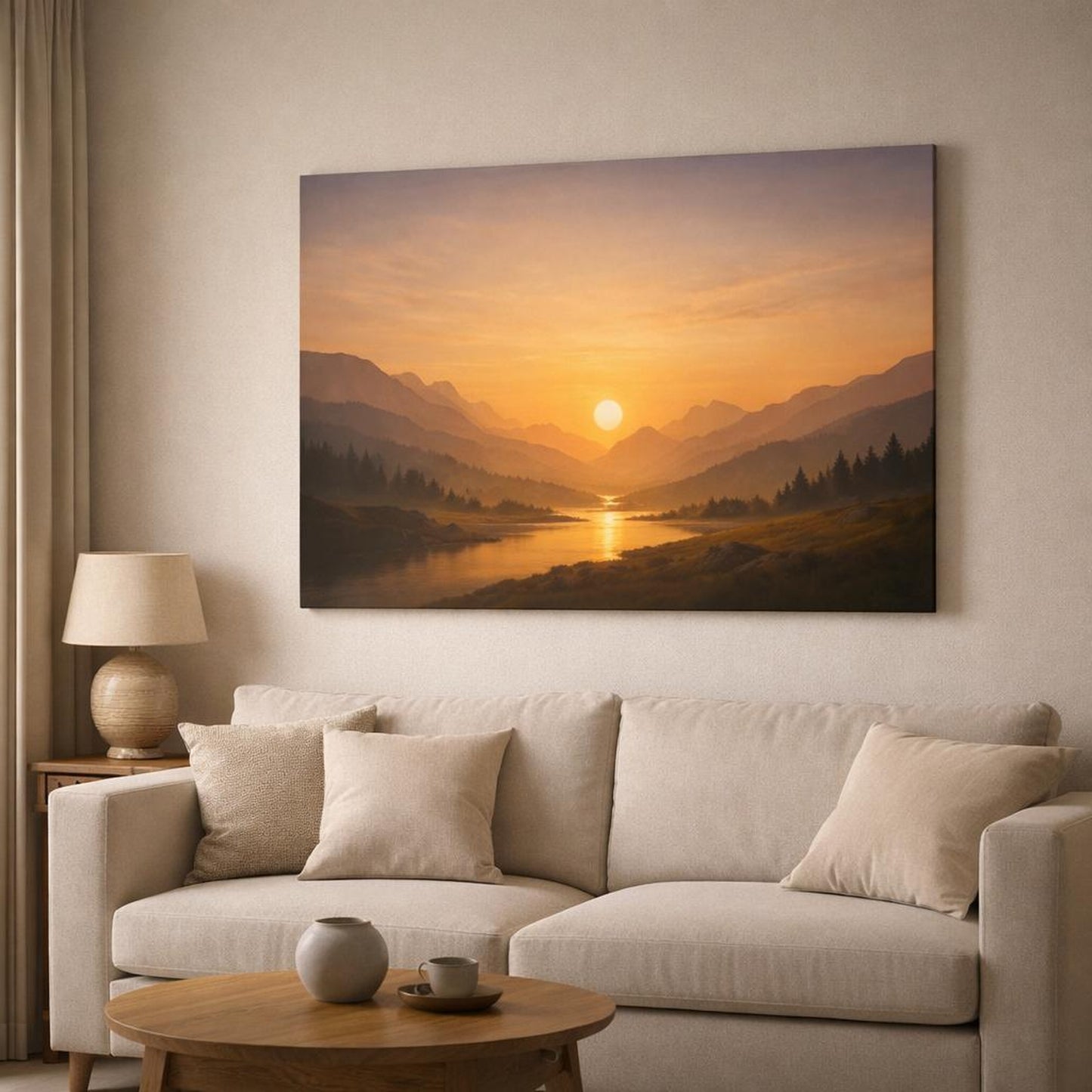 Golden Glow Sky Valley shown as canvas wall art in a modern living room