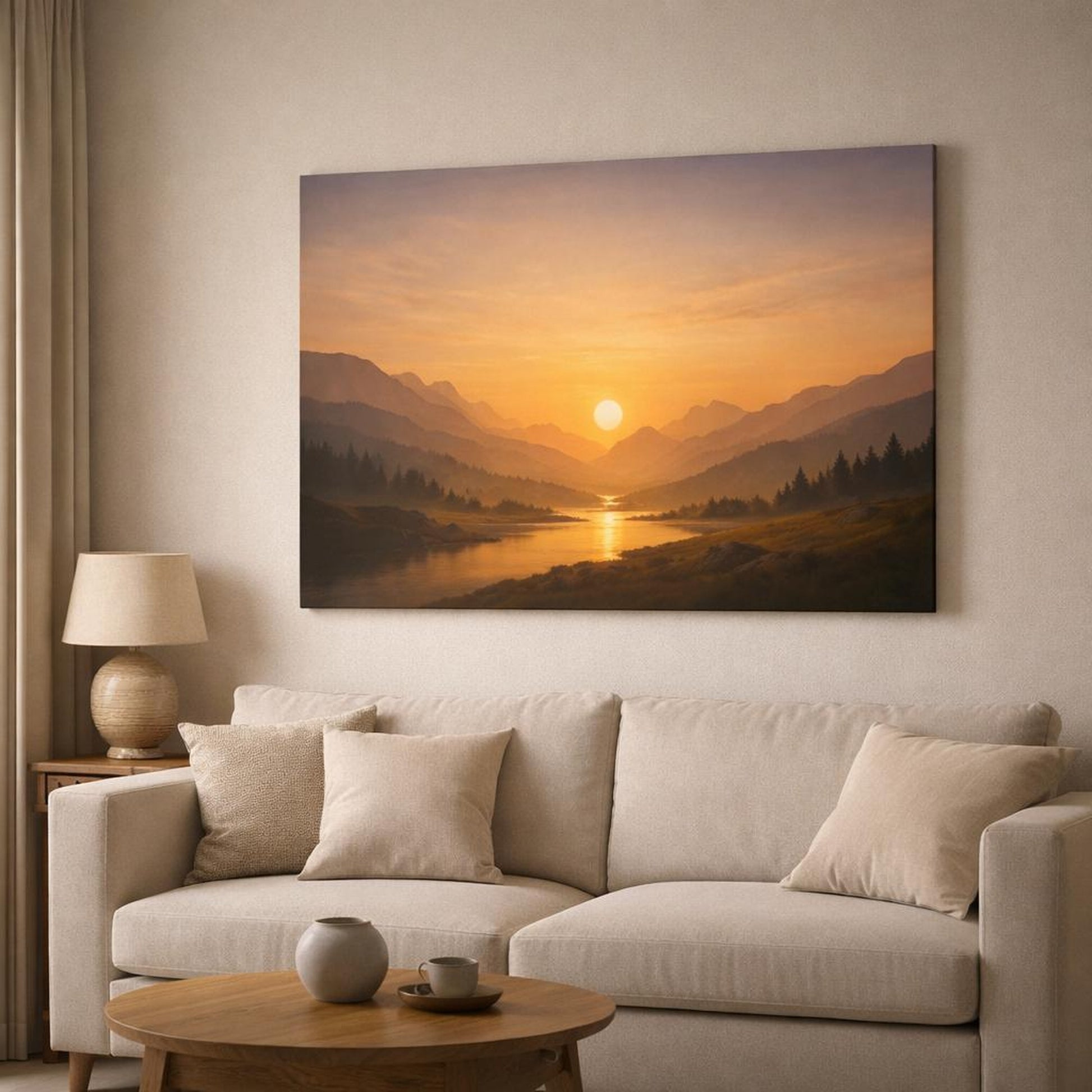 Golden Glow Sky Valley shown as canvas wall art in a modern living room
