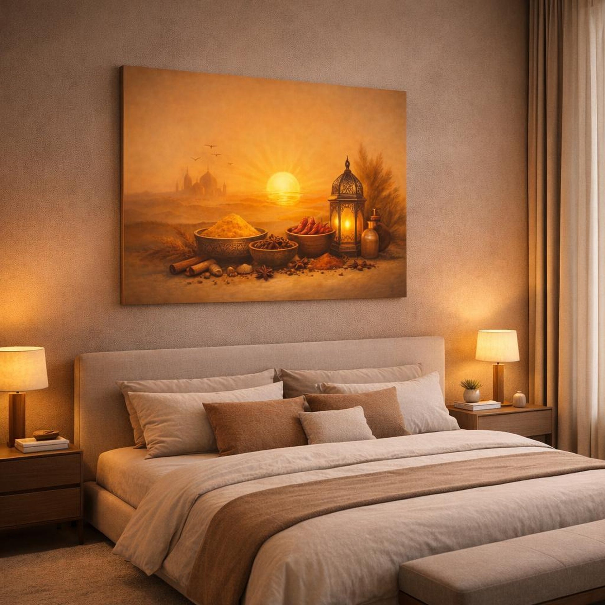 Golden Glow Spice Art shown as canvas wall art in a luxury bedroom