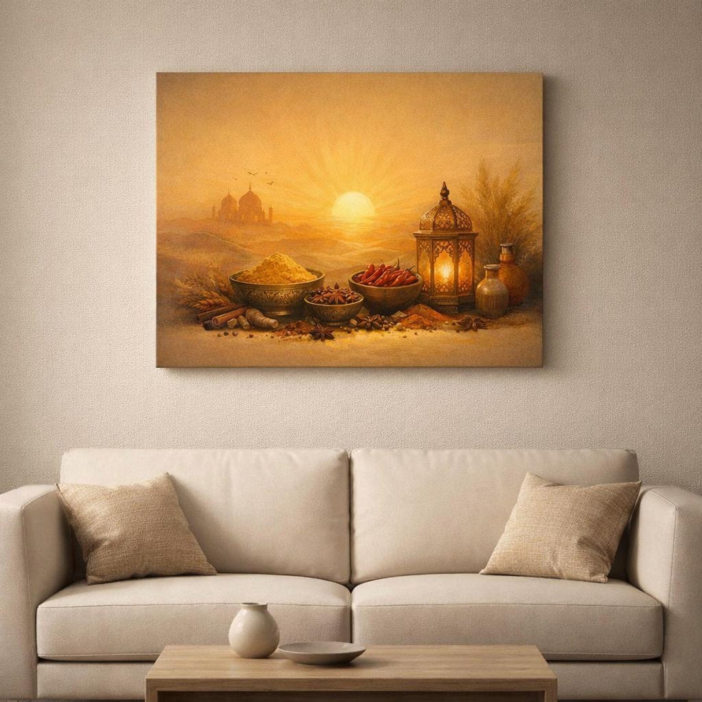 Golden Glow Spice Art shown as canvas wall art in a refined dining room
