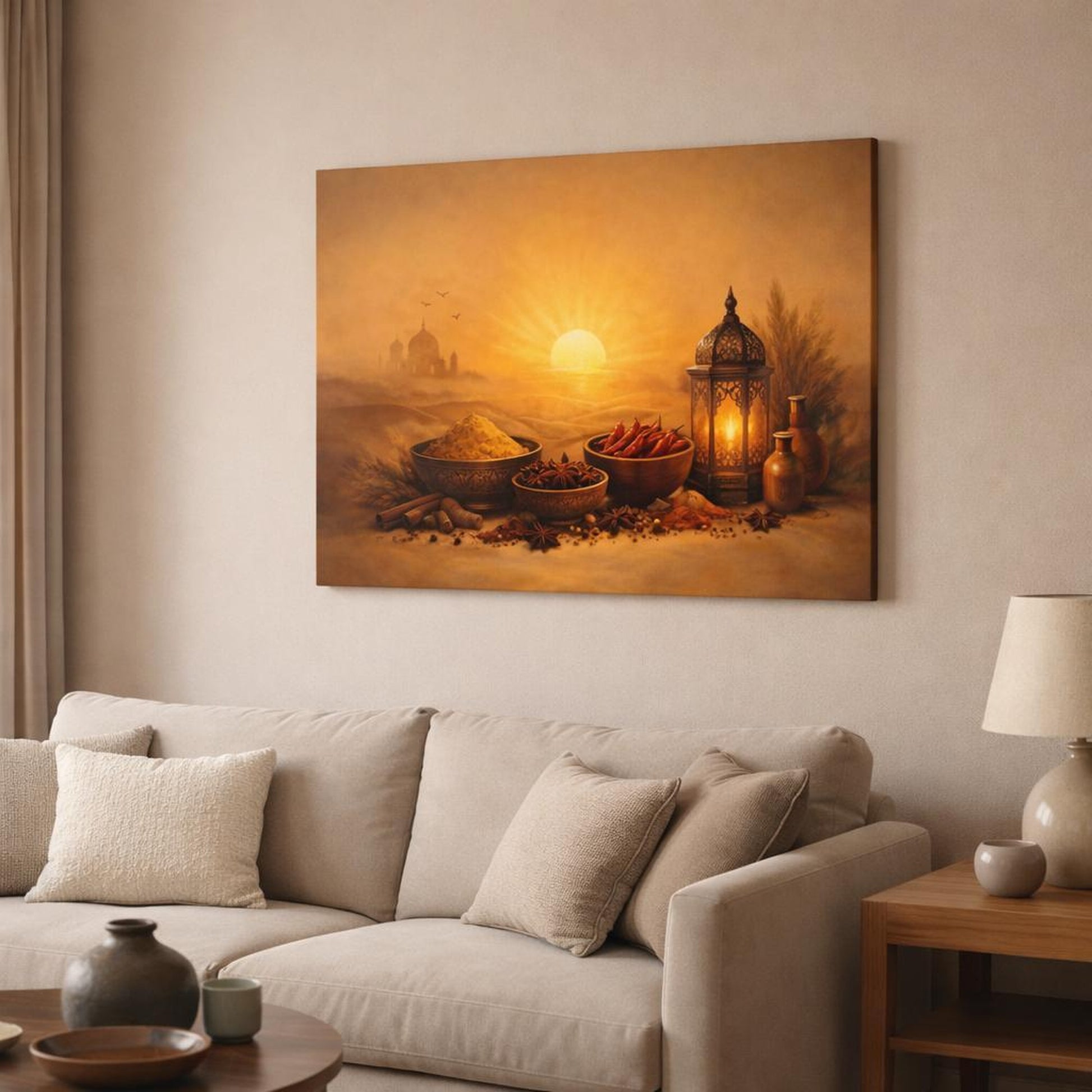 Golden Glow Spice Art shown as canvas wall art in a modern living room
