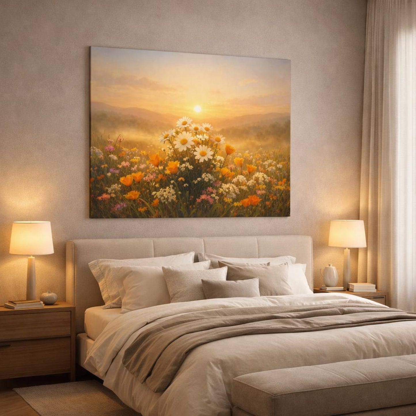 Golden Glow Spring Flowers shown as canvas wall art in a luxury bedroom