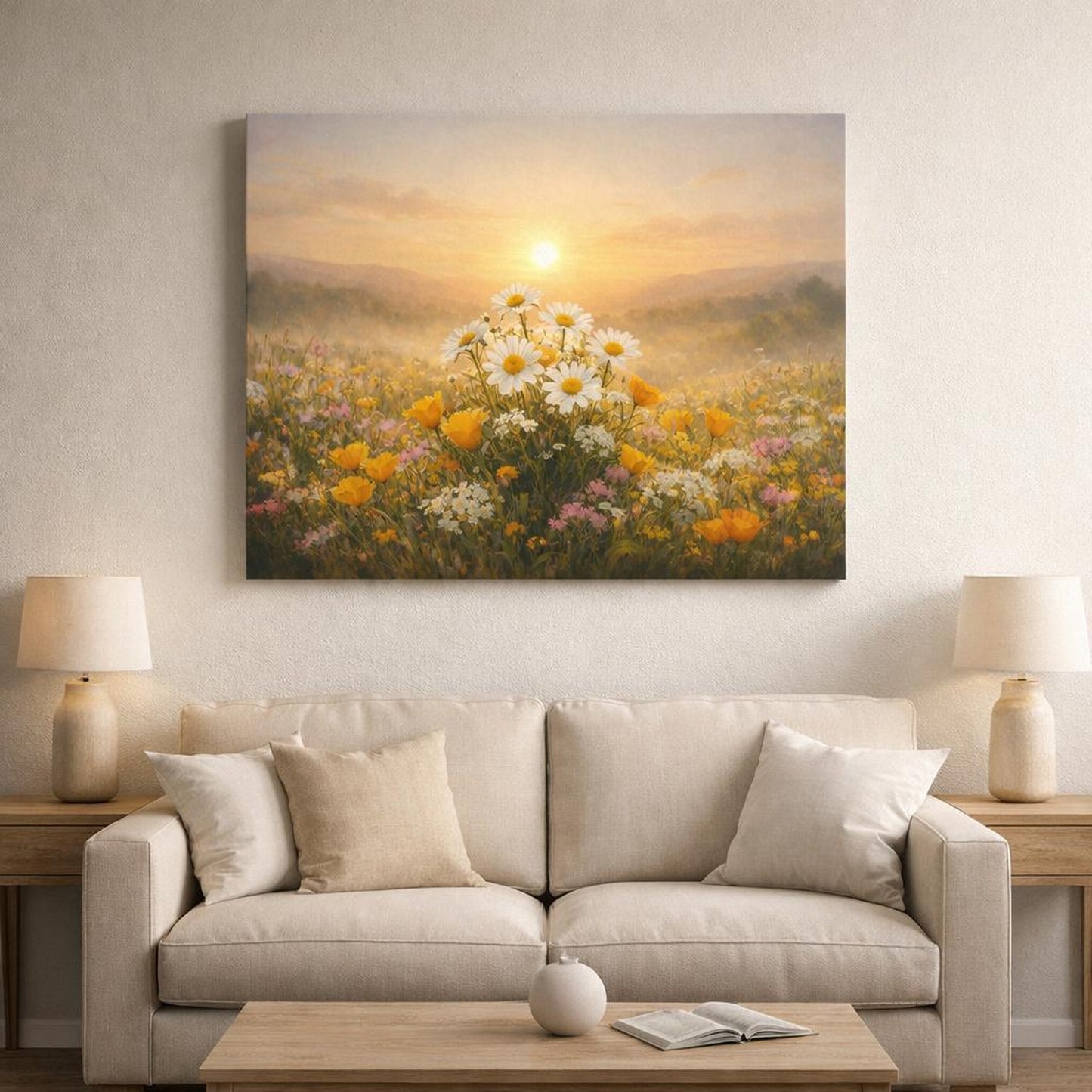 Golden Glow Spring Flowers shown as canvas wall art in a refined dining room