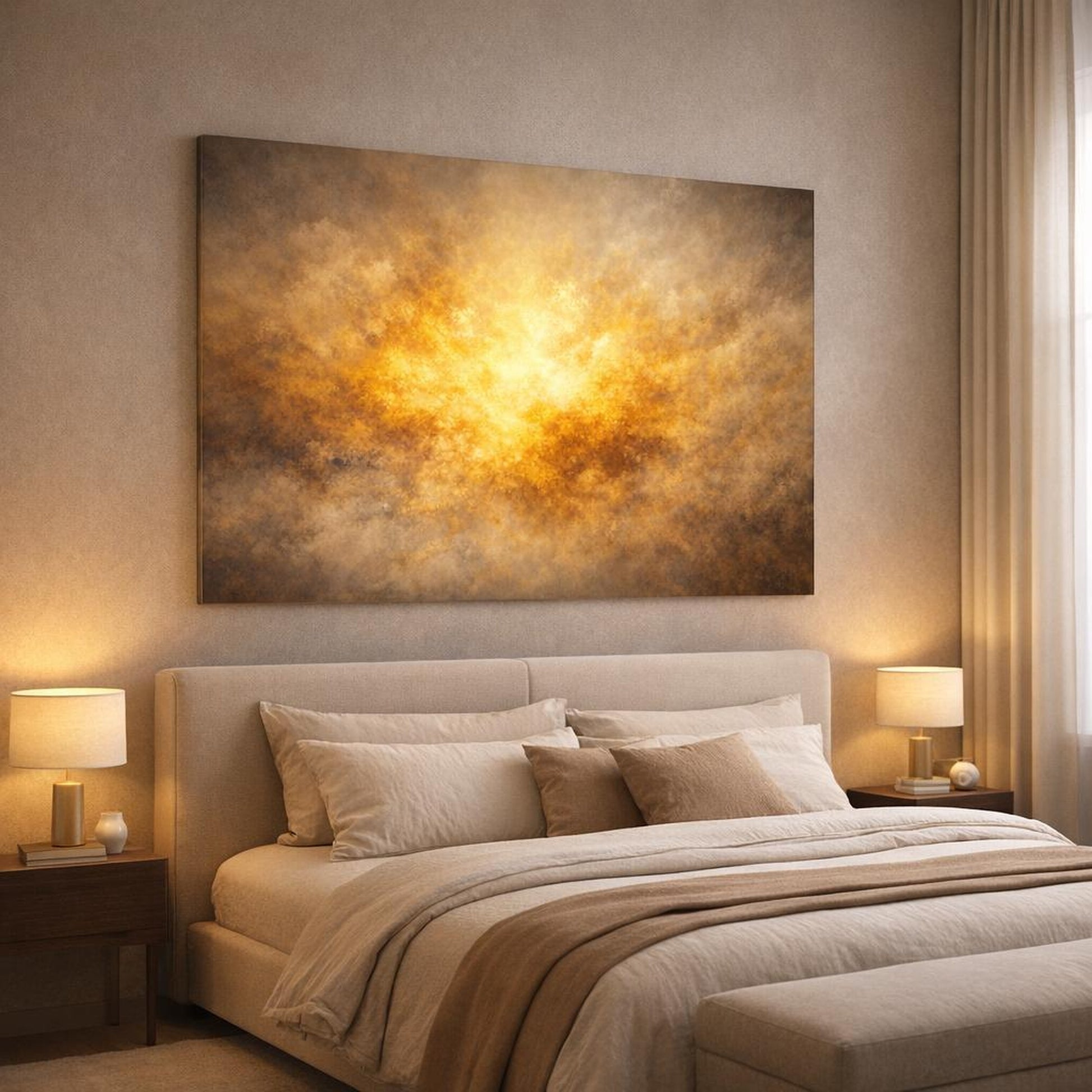Golden Glow Stone Texture shown as canvas wall art in a luxury bedroom