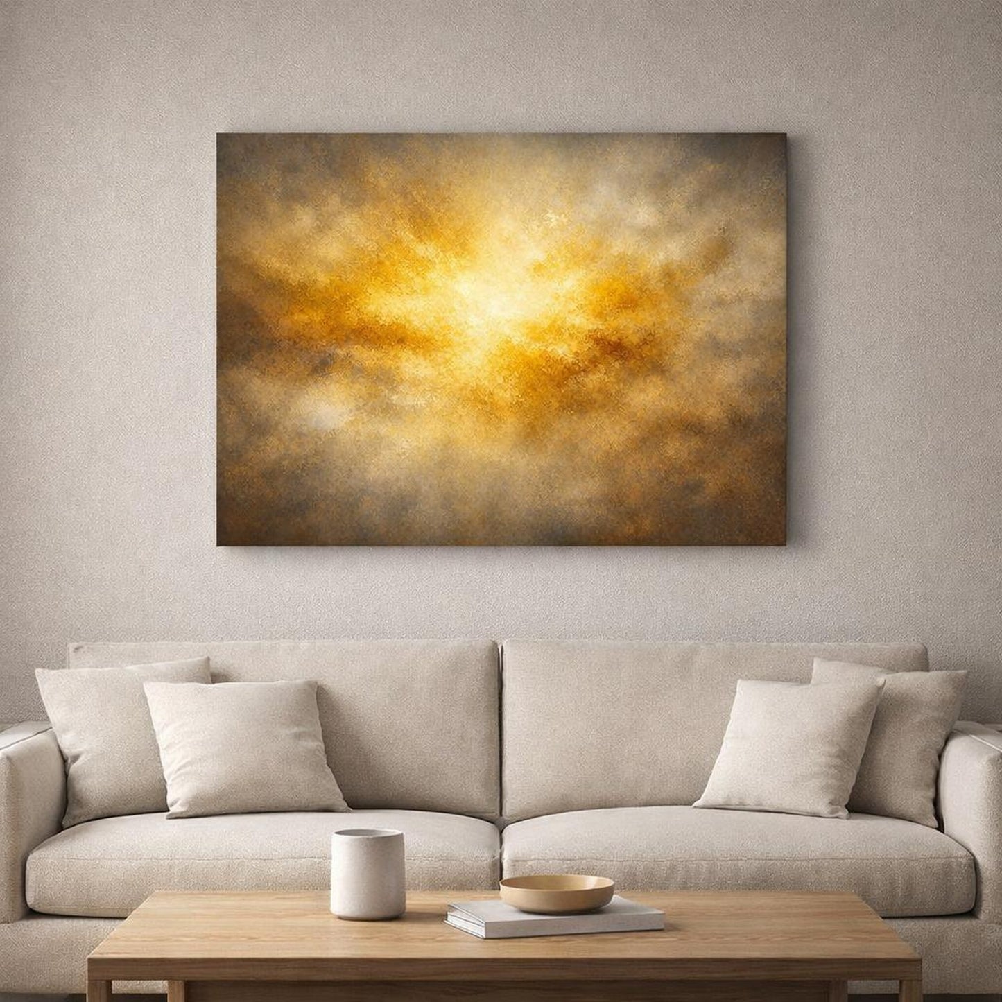 Golden Glow Stone Texture shown as canvas wall art in a luxury executive office