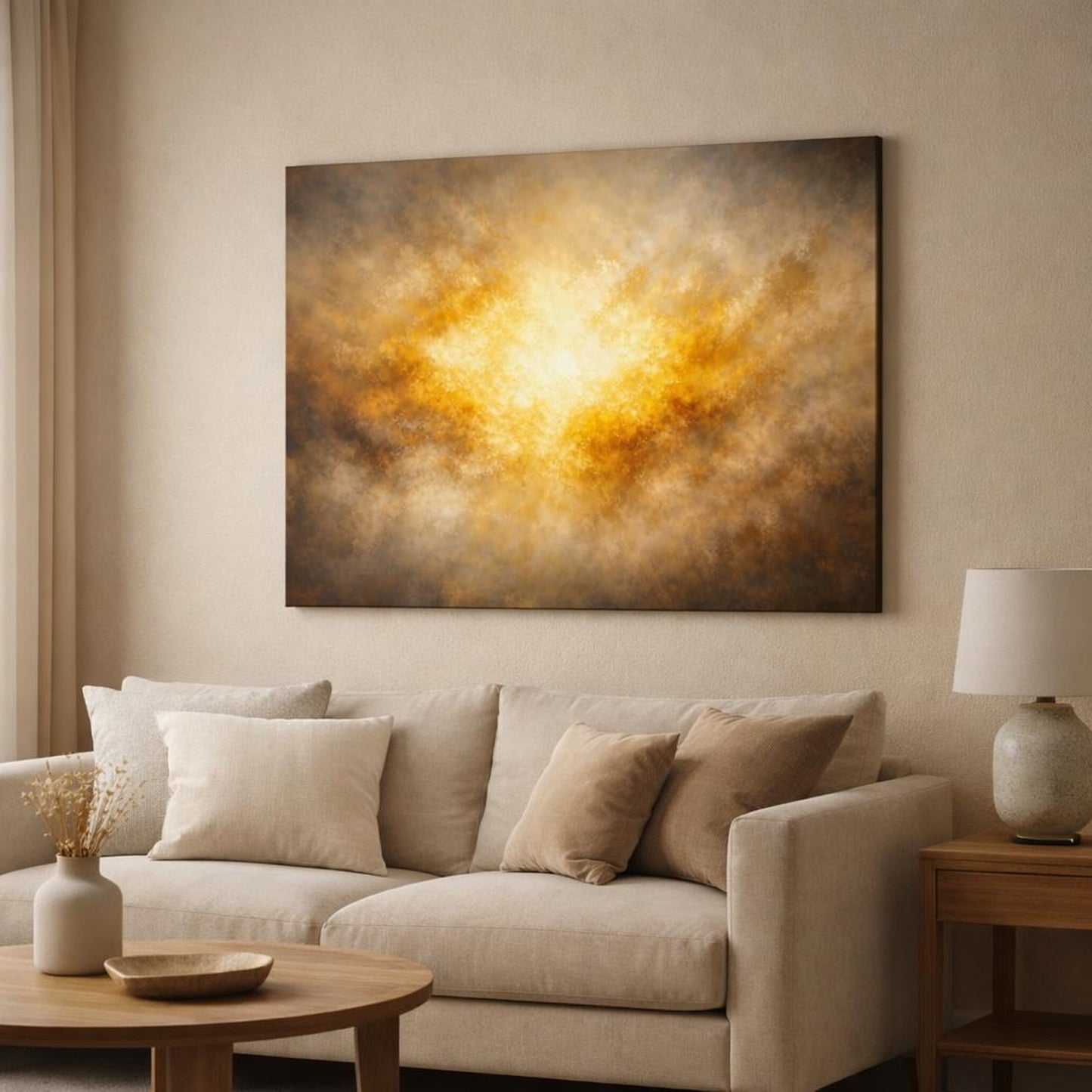 Golden Glow Stone Texture shown as canvas wall art in a modern living room