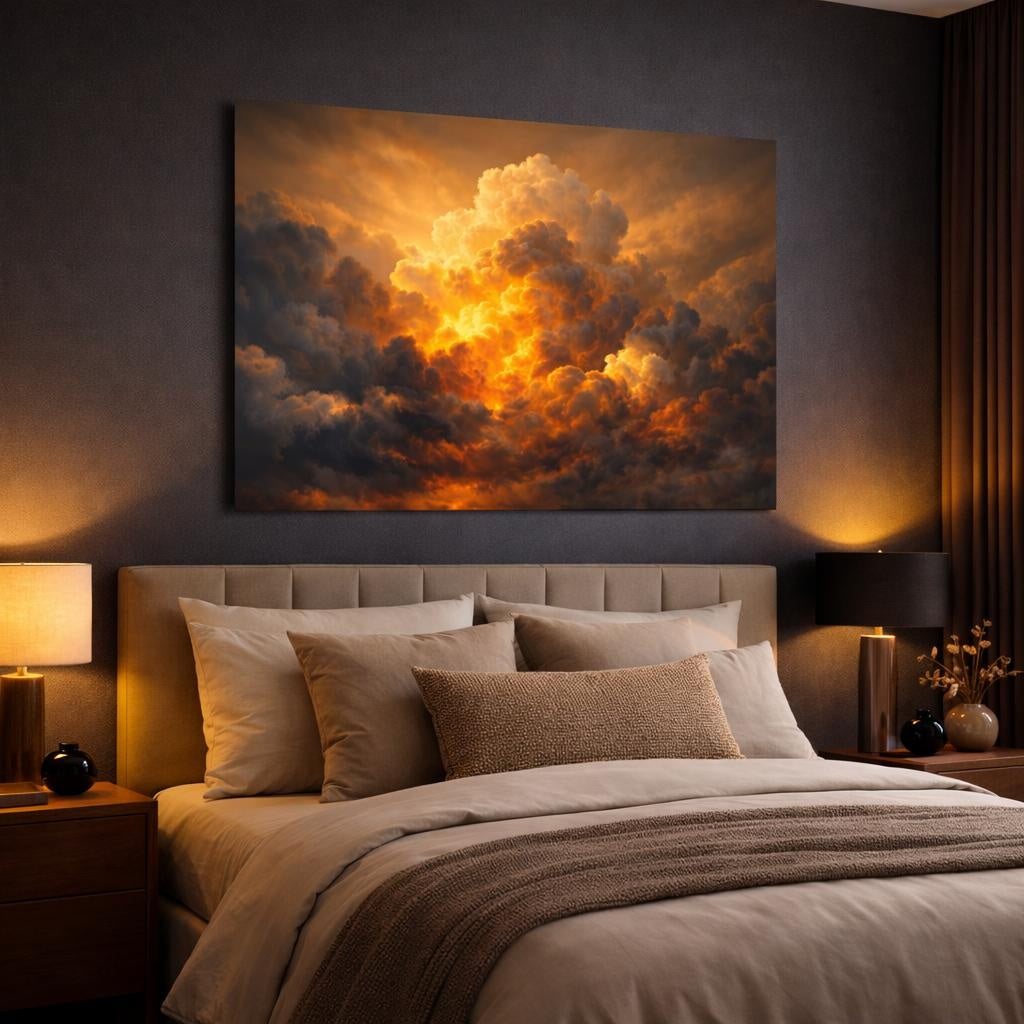 Golden Glow Storm Clouds shown as canvas wall art in a luxury bedroom