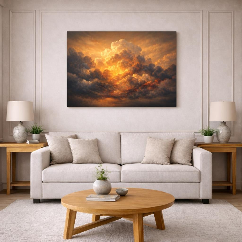 Golden Glow Storm Clouds shown as canvas wall art in a modern living room