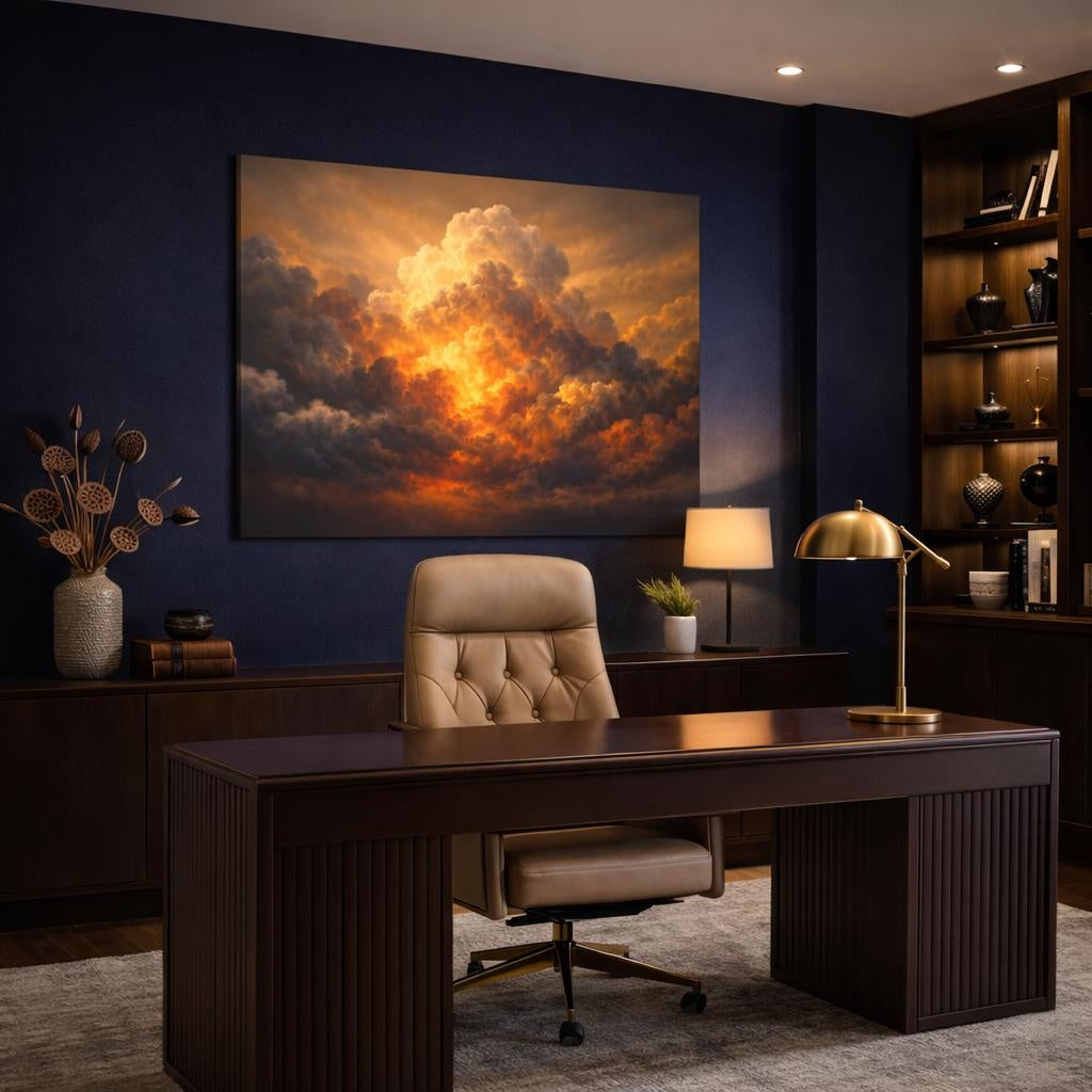 Golden Glow Storm Clouds shown as canvas wall art in a refined dining room