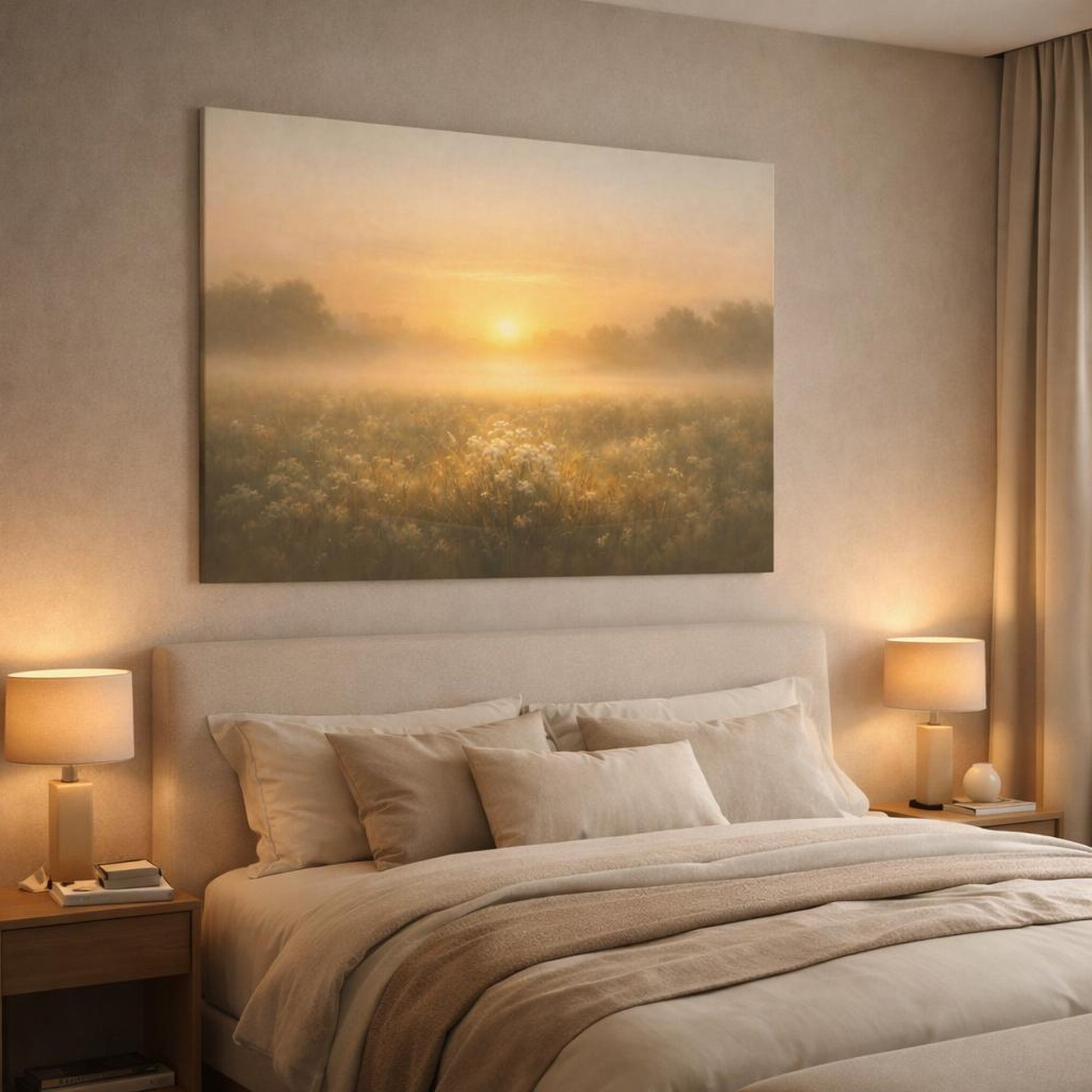 Golden Glow Sunrise Meadow shown as canvas wall art in a luxury bedroom