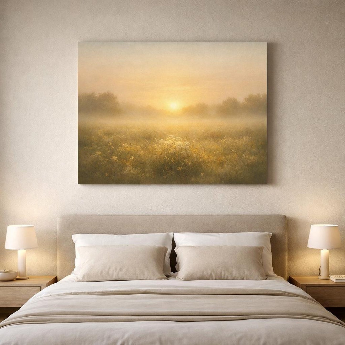 Golden Glow Sunrise Meadow shown as canvas wall art in a luxury executive office