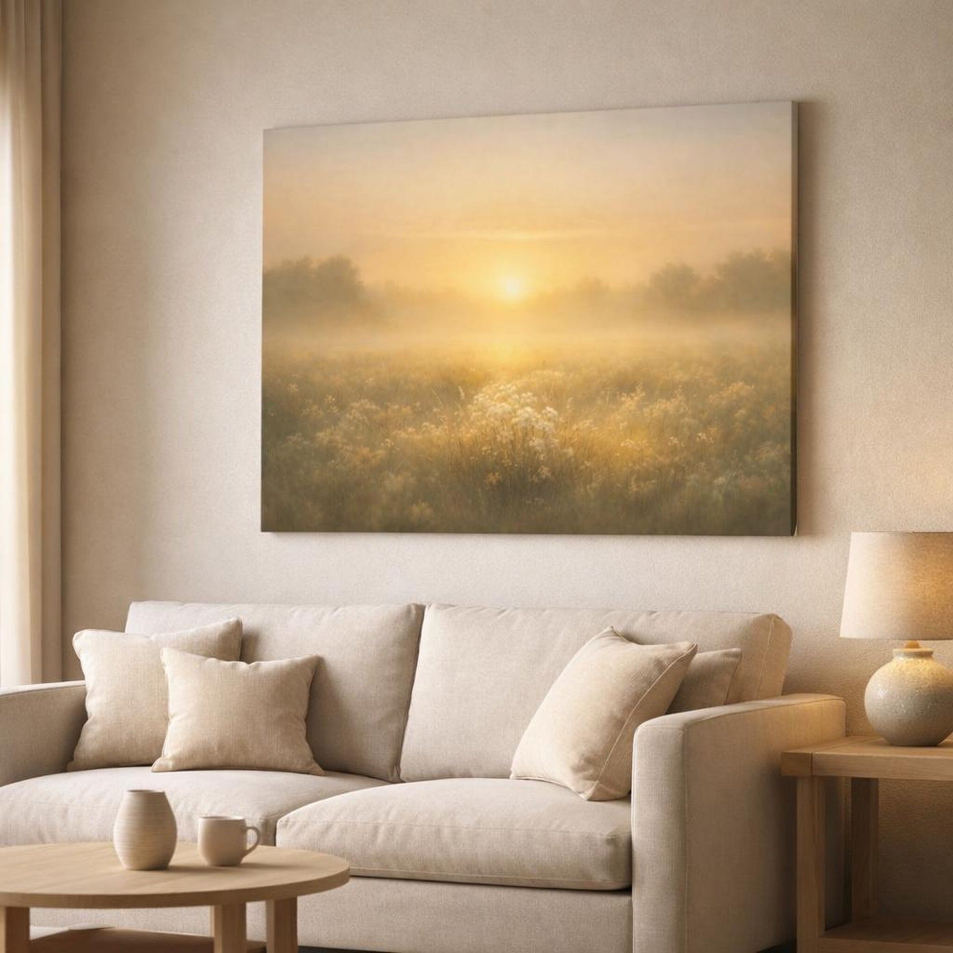 Golden Glow Sunrise Meadow shown as canvas wall art in a modern living room