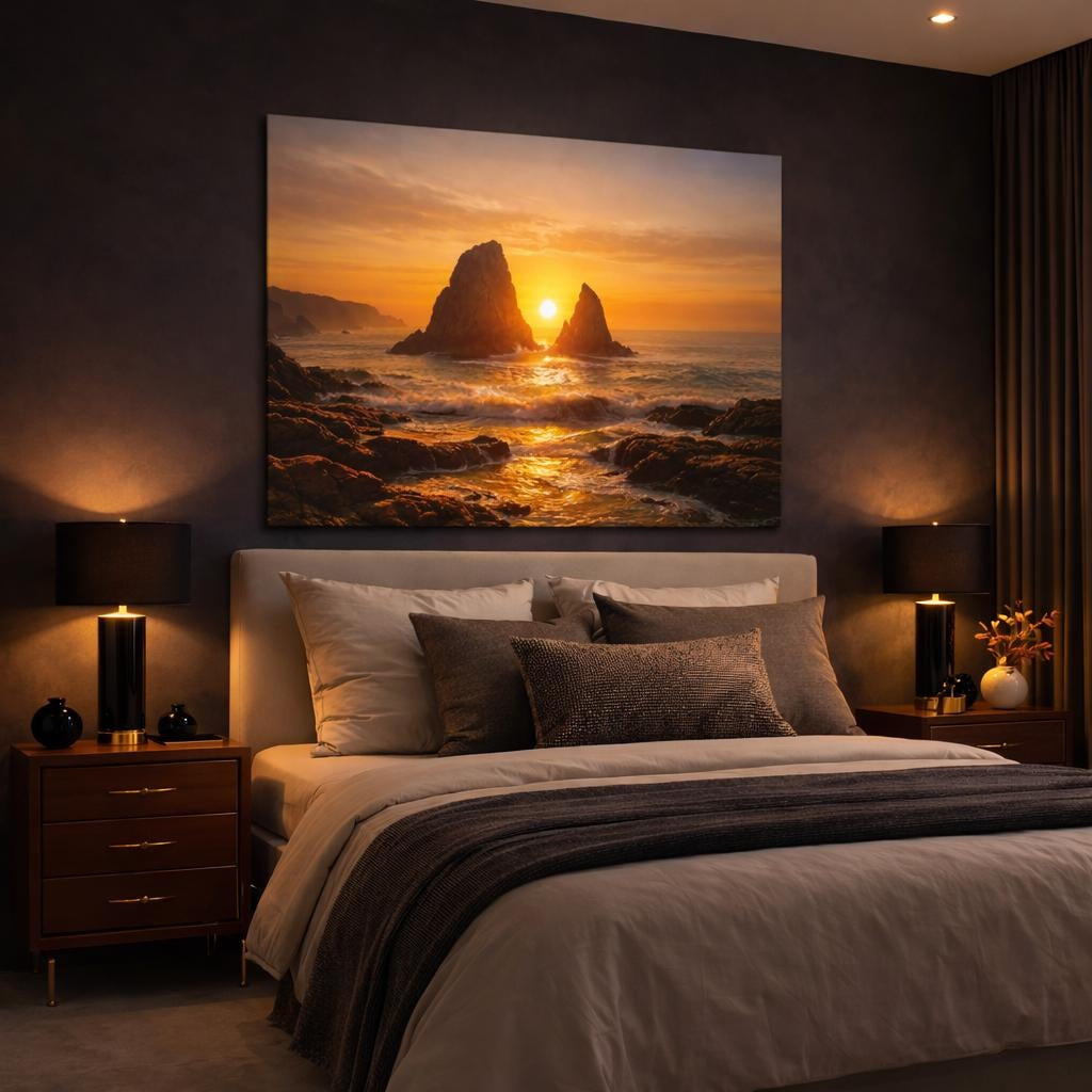 Golden Glow Sunset Coast shown as canvas wall art in a luxury bedroom