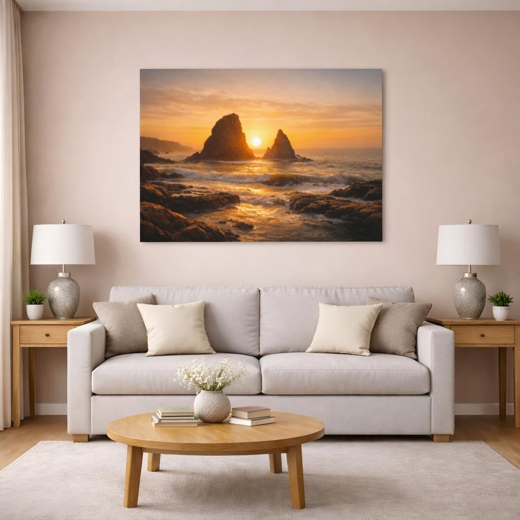 Golden Glow Sunset Coast shown as canvas wall art in a modern living room