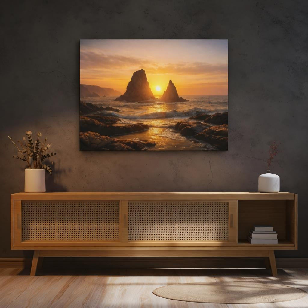 Golden Glow Sunset Coast shown as canvas wall art in a refined dining room