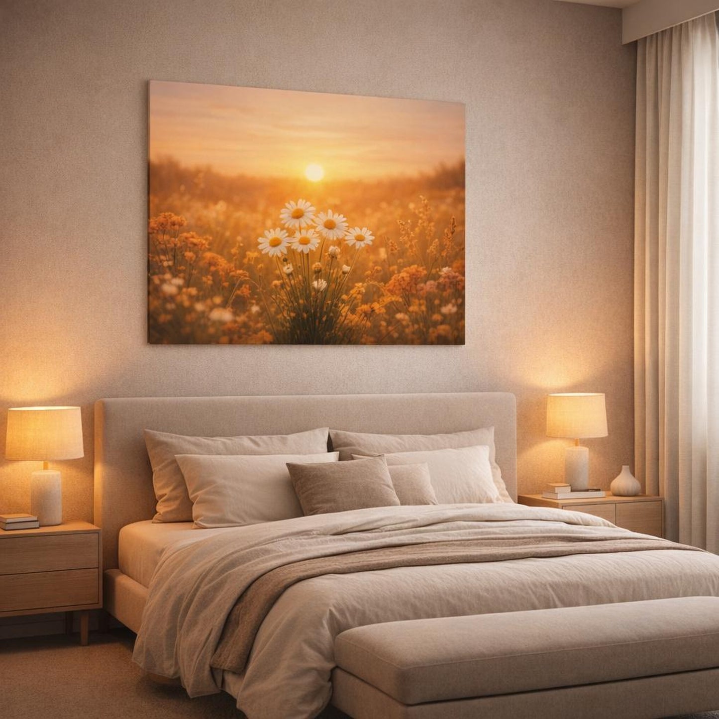Golden Glow Sunset Flowers shown as canvas wall art in a luxury bedroom