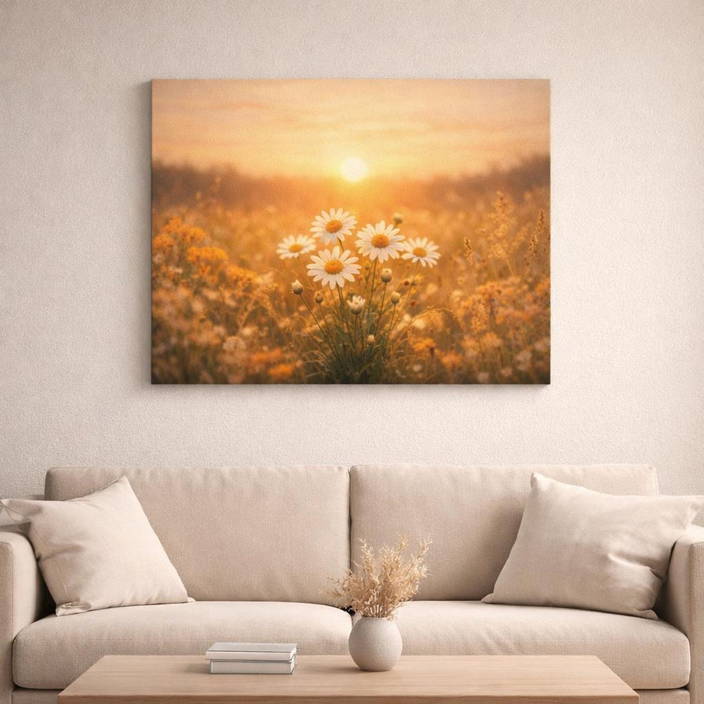 Golden Glow Sunset Flowers shown as canvas wall art in a refined dining room