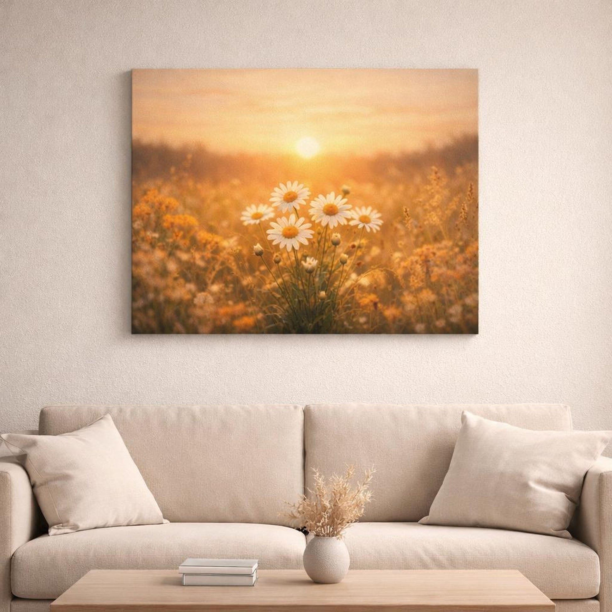 Golden Glow Sunset Flowers shown as canvas wall art in a refined dining room
