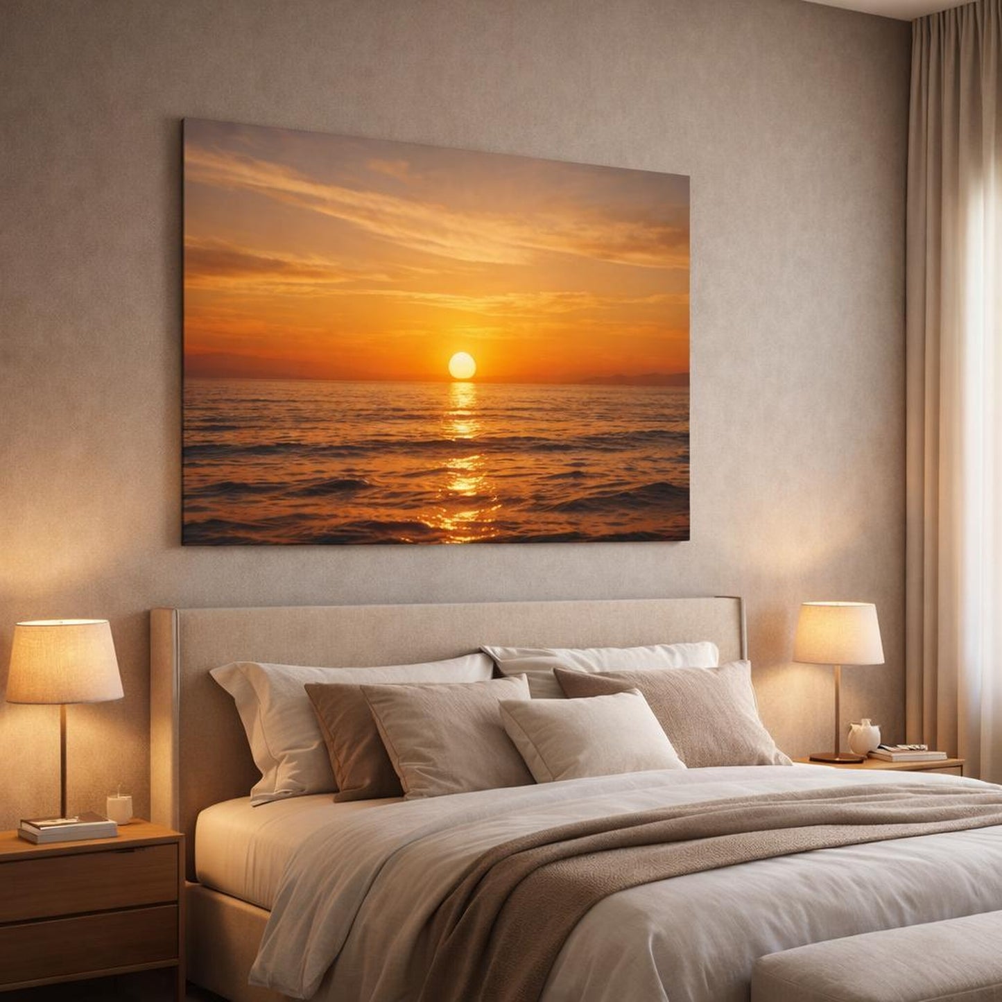 Golden Glow Sunset Ocean shown as canvas wall art in a luxury bedroom