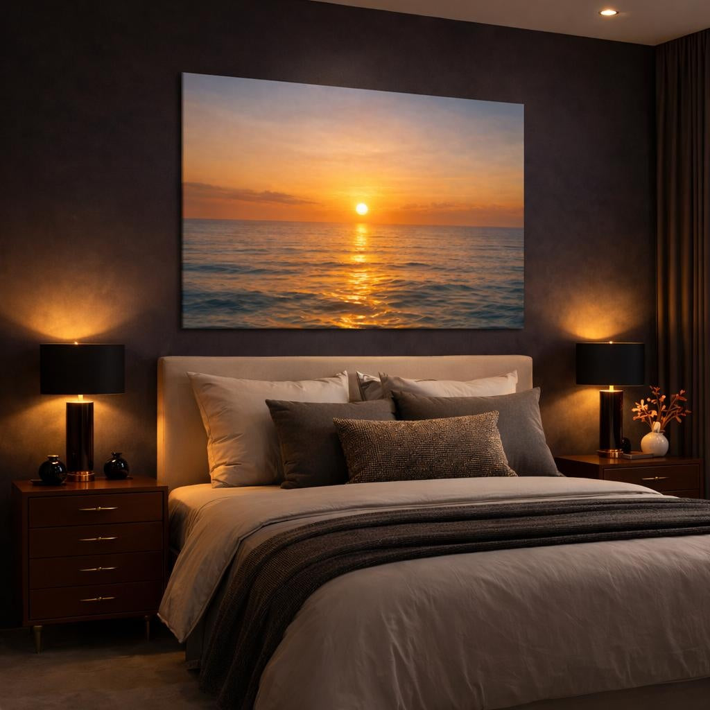 Golden Glow Sunset Ocean shown as canvas wall art in a luxury bedroom