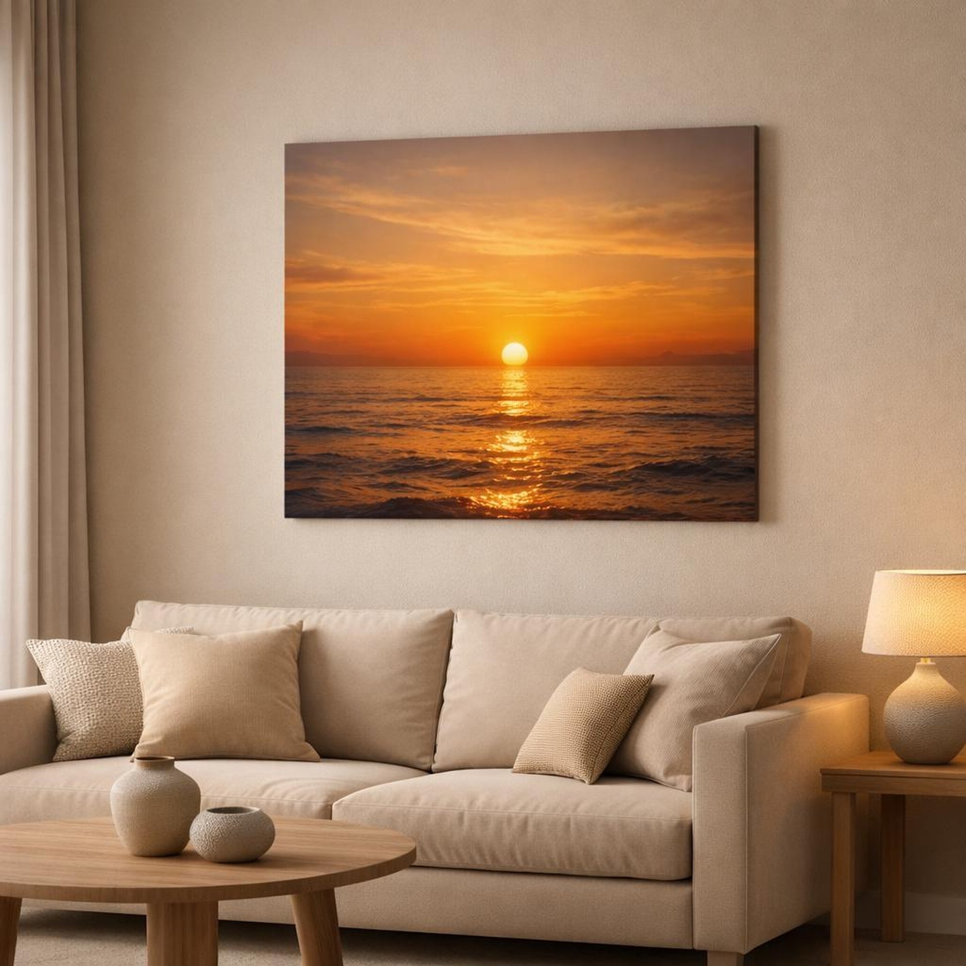 Golden Glow Sunset Ocean shown as canvas wall art in a modern living room