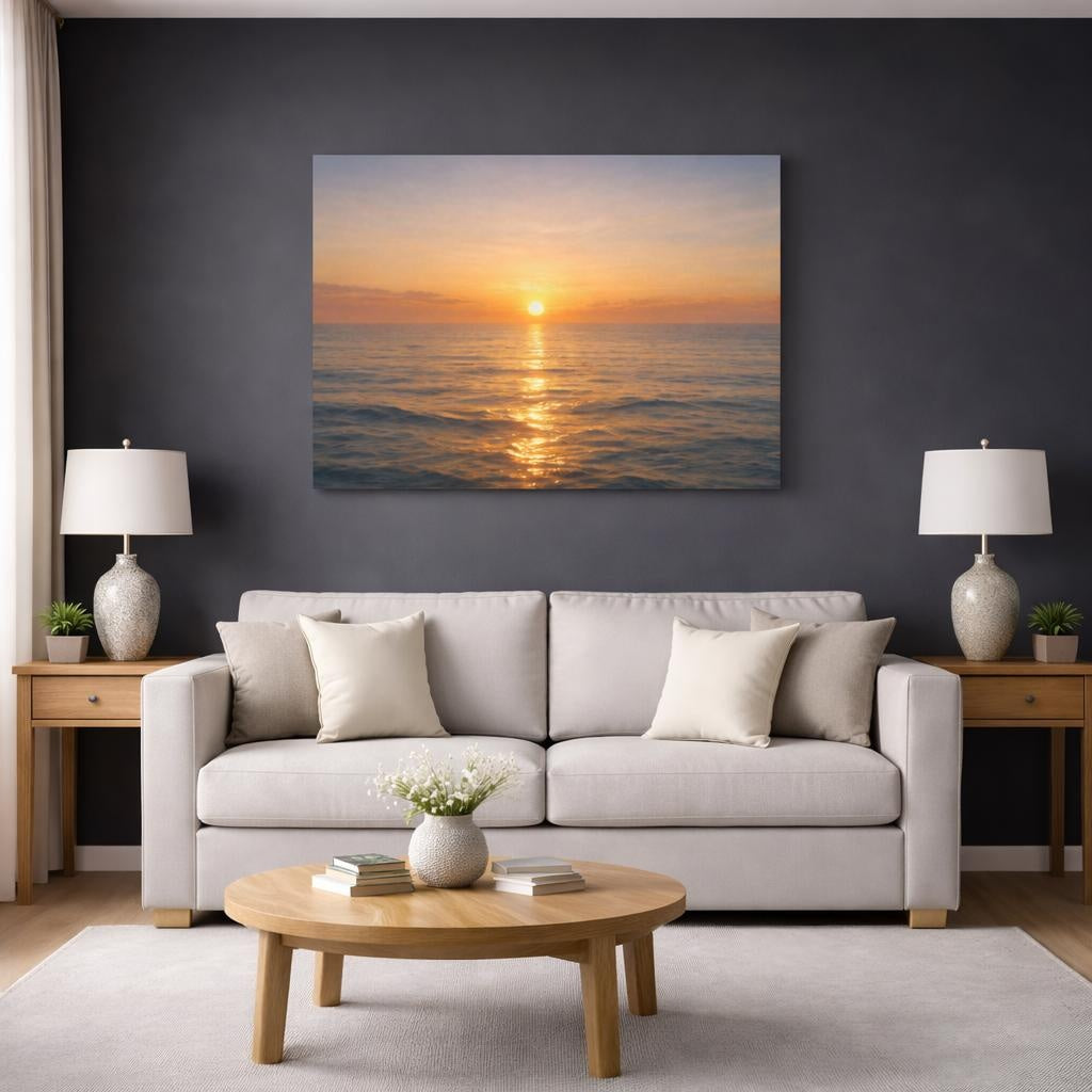Golden Glow Sunset Ocean shown as canvas wall art in a modern living room