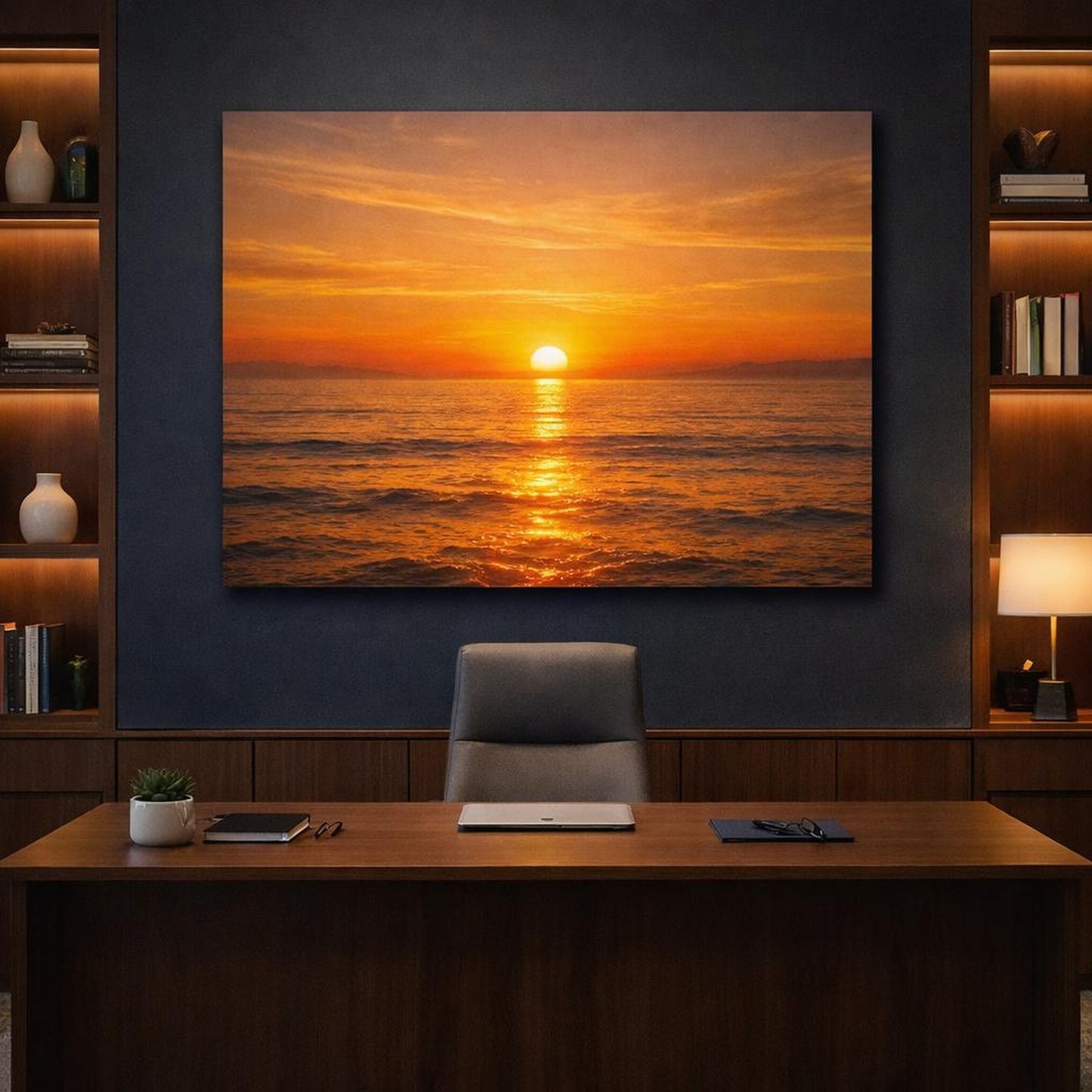 Golden Glow Sunset Ocean shown as canvas wall art in a refined dining room