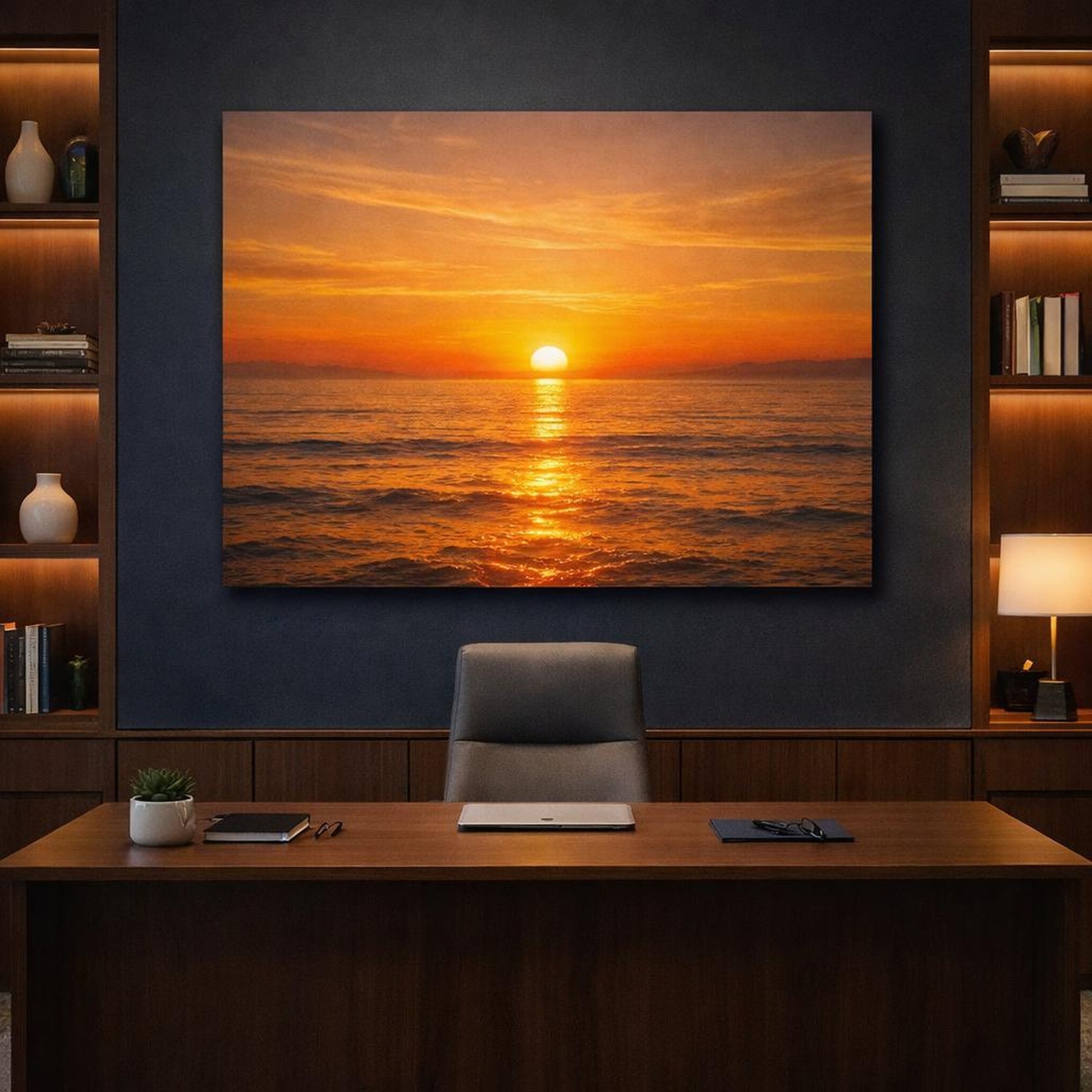 Golden Glow Sunset Ocean shown as canvas wall art in a refined dining room