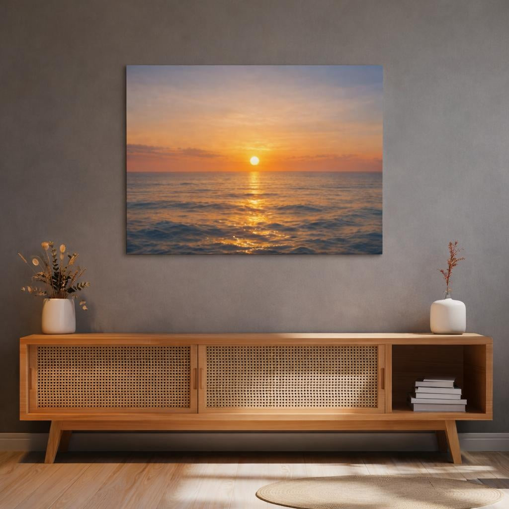 Golden Glow Sunset Ocean shown as canvas wall art in a refined dining room