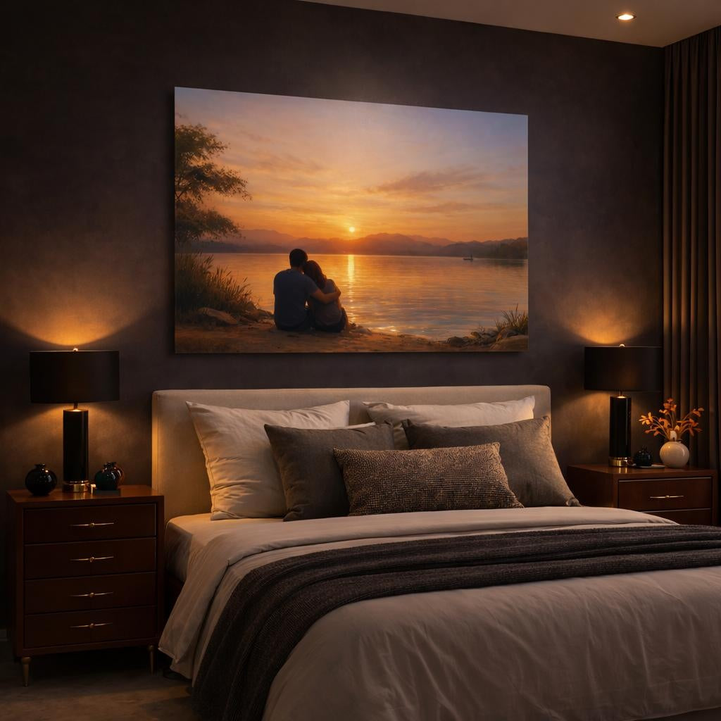 Golden Glow Sunset Reflection shown as canvas wall art in a luxury bedroom