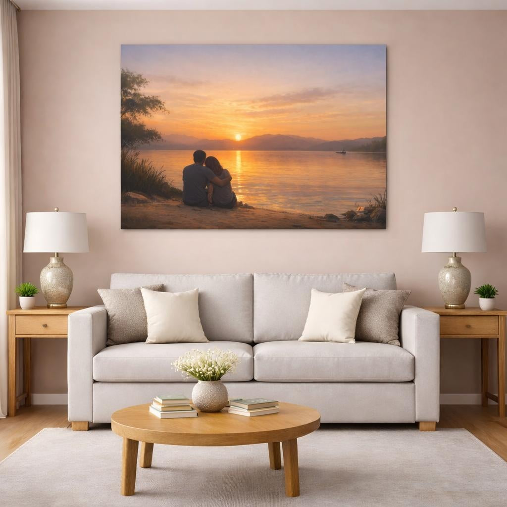 Golden Glow Sunset Reflection shown as canvas wall art in a modern living room