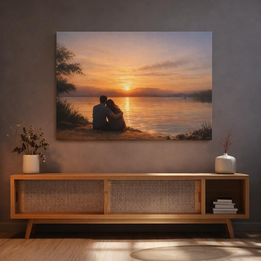 Golden Glow Sunset Reflection shown as canvas wall art in a refined dining room