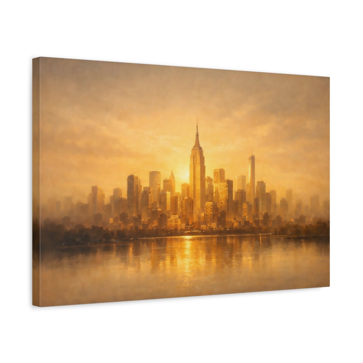 Side Mockup 3. Golden Glow Textured City Skyline shown as stretched canvas wall art